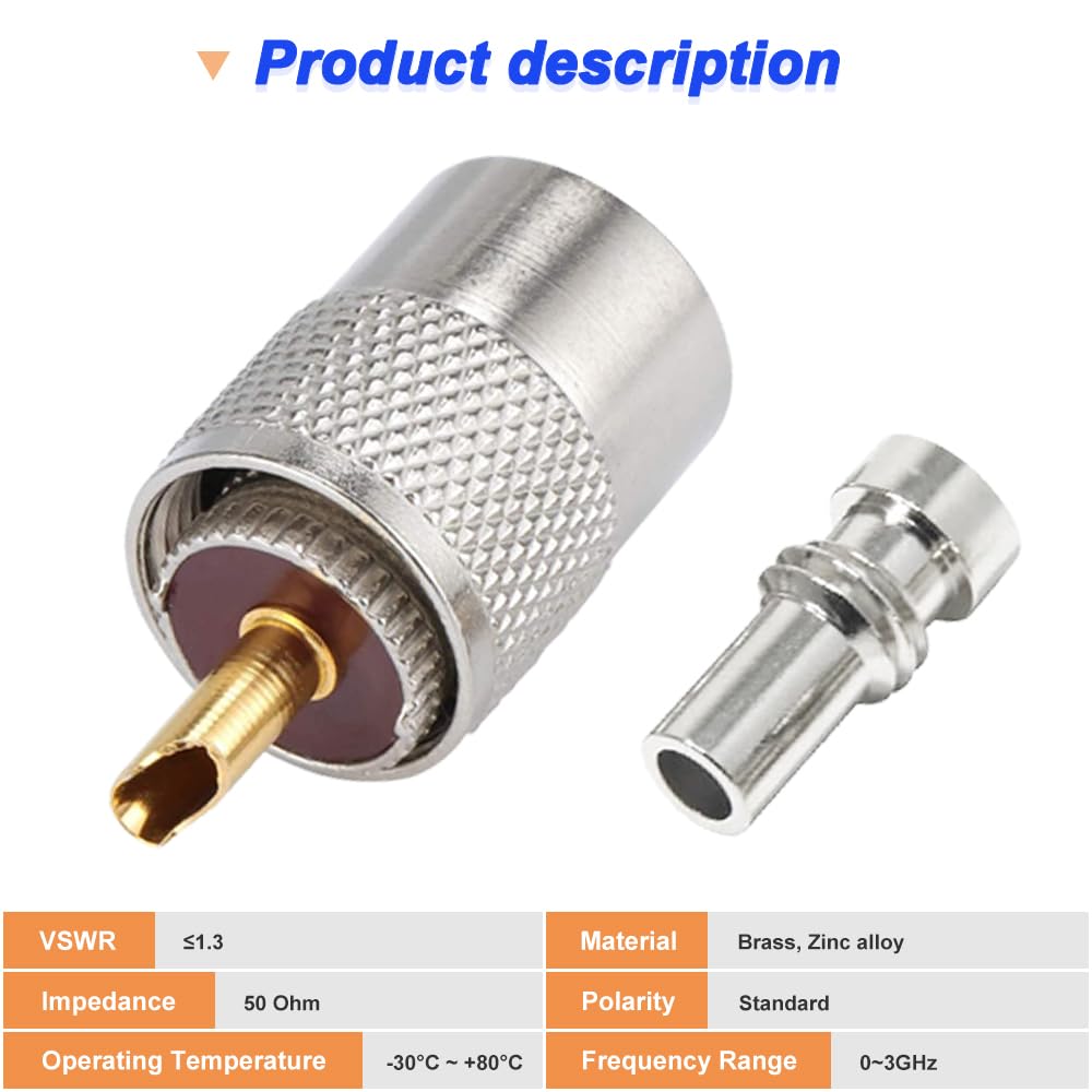 Thumbnail 1 de Xiatiaosann PL-259 UHF Connectors Pack (6) for Coaxial Cables – 50Ω, Gold Contacts, Teflon Insulator