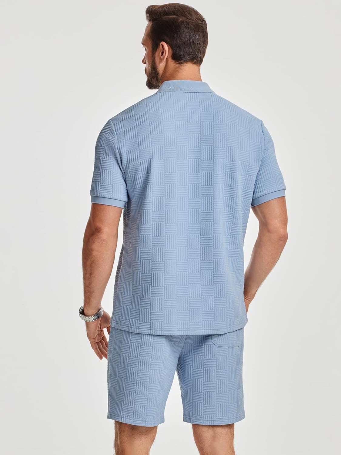 Detalle de JMIERR Jogginganzug Herren Set – 2-teiliges Sommer-Trainingsoutfit aus Elasthan-Polyester, Polo-Shirt & kurze Hose