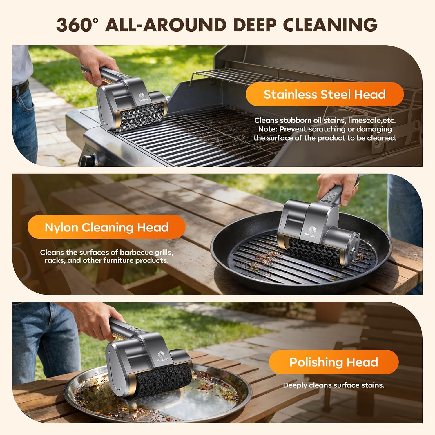 Detalle 1 de Amzany electric grill brush with 3 replaceable heads