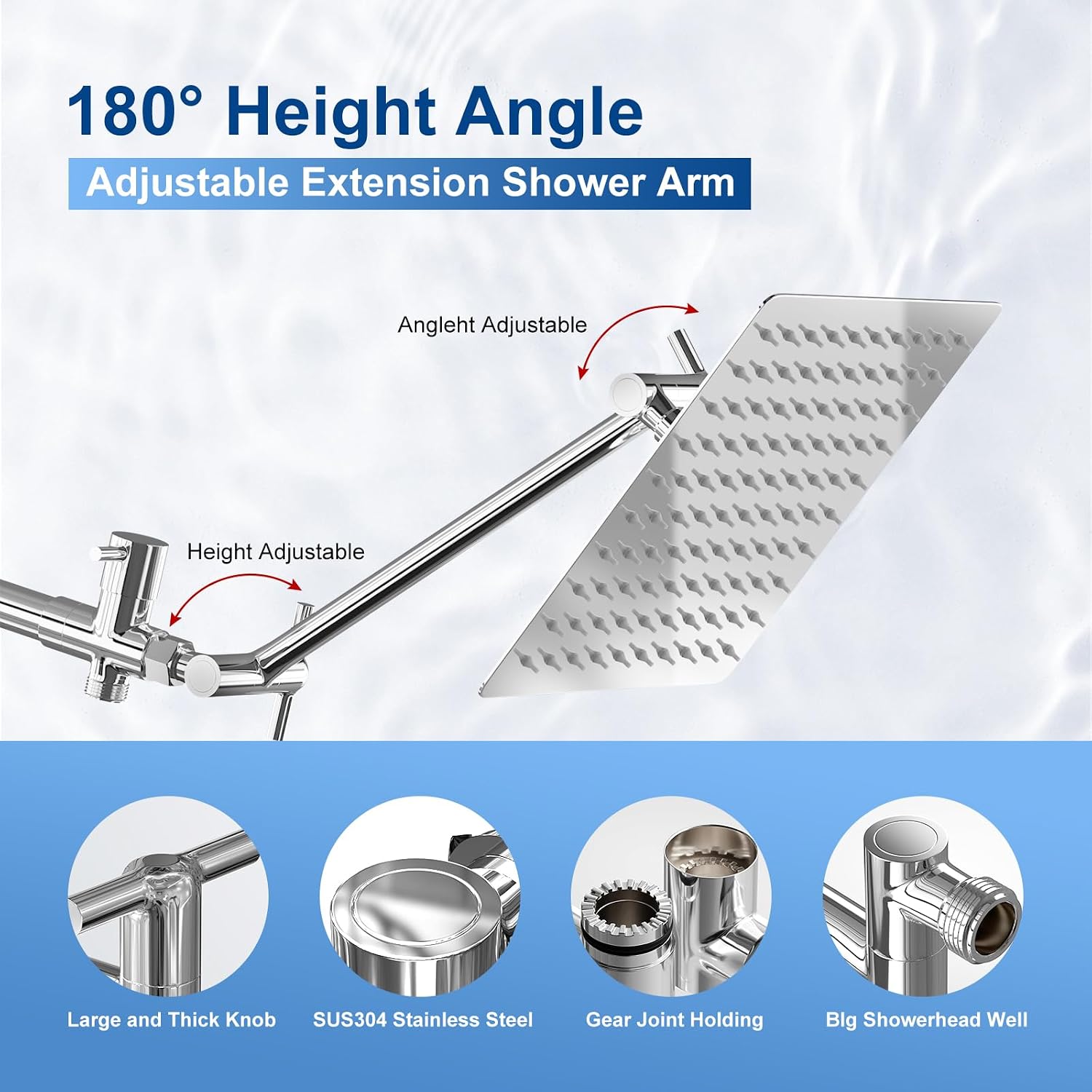 Detalle 1 de NERDON Shower Head Dual Showerhead, 8-Inch Square Rainfall, 5-Mode Handheld, Chrome