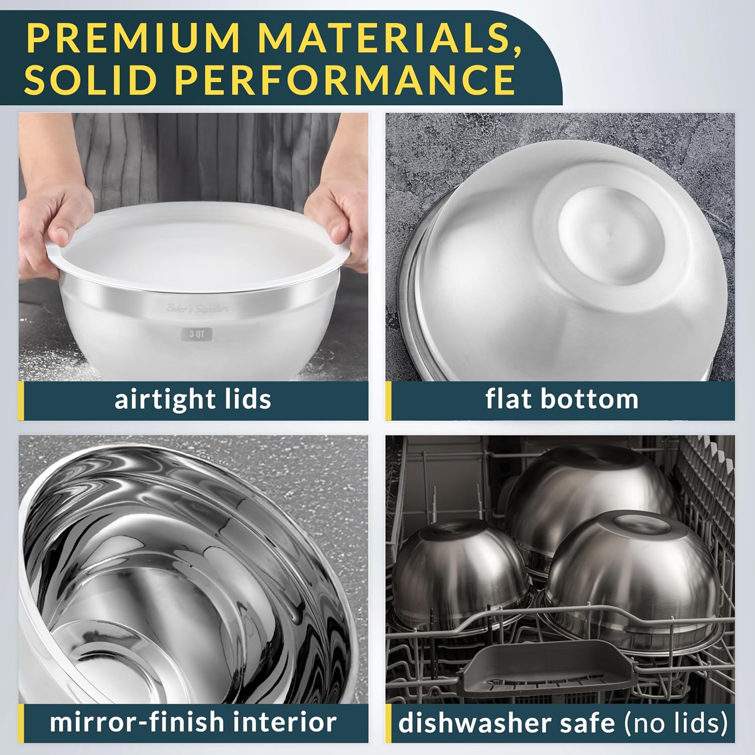 Detalle de Baker's Signature Stainless Steel Mixing Bowls with Lids — Nesting Set of 5 (0.5–5 Qt)