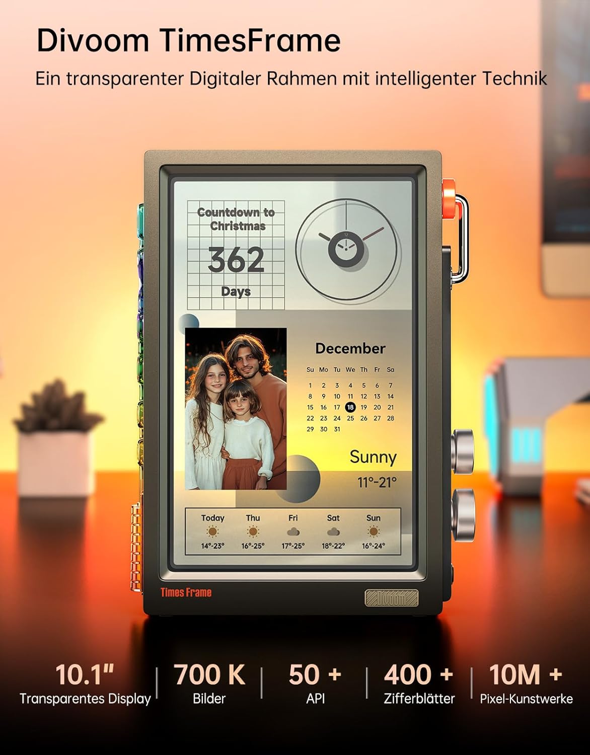 Thumbnail 2 de Divoom Times Frame – Cadre photo numérique IPS 10,1" Wi‑Fi, 64 Go, boutons RGB et +400 cadrans