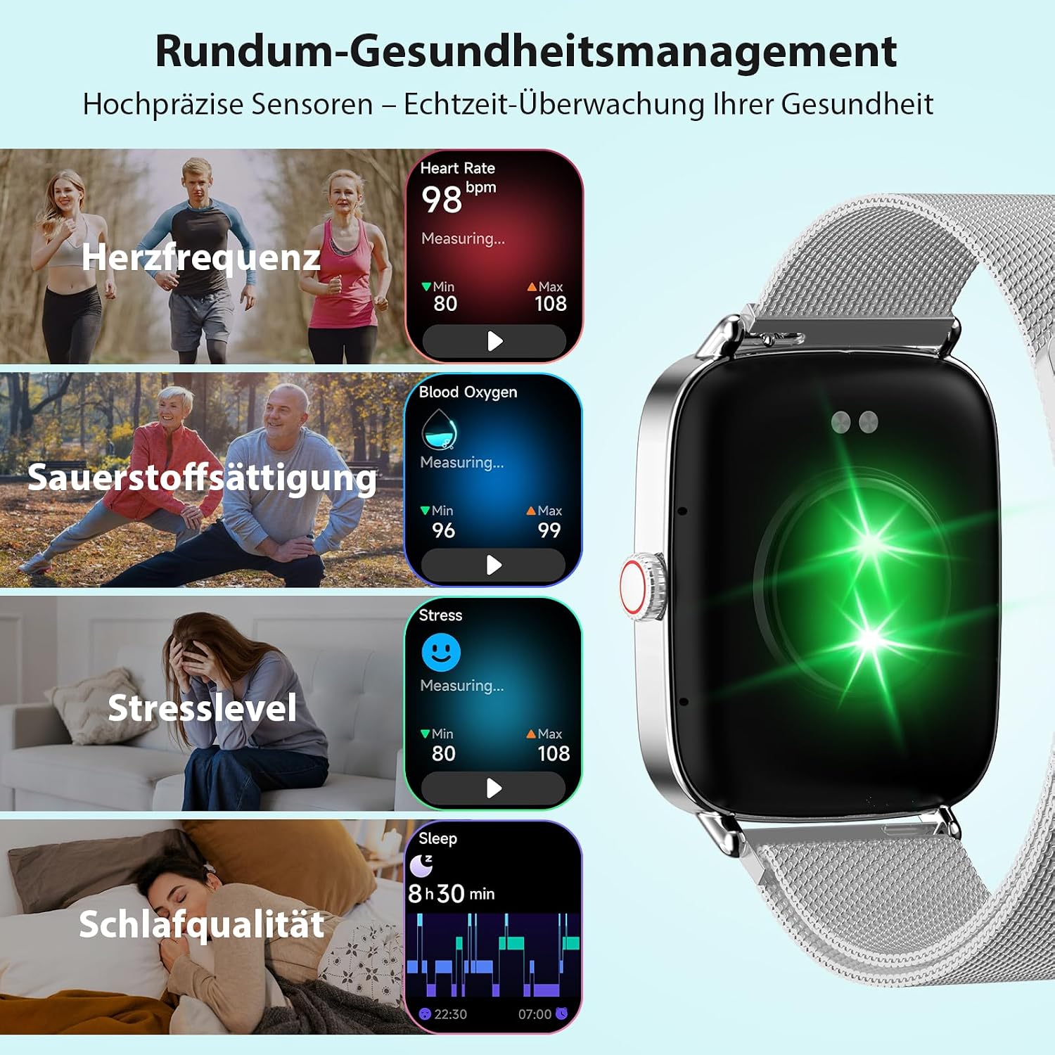 Detalle de Yoever Smartwatch Damen/Herren mit Telefonfunktion – 1,85" Display, 110 Sportmodi, Schlafmonitor, SpO2, IP68, Bluetooth 5.3