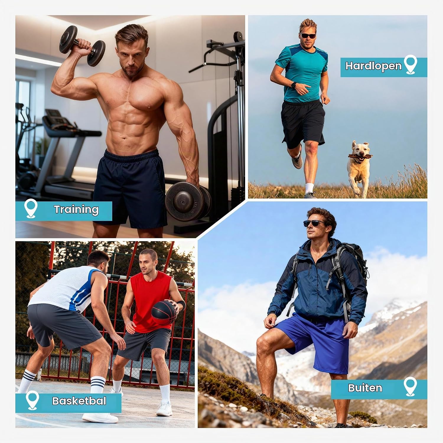 Detalle 1 de JOVCOVL korte sportshorts voor heren, licht en sneldrogend met ritszakken