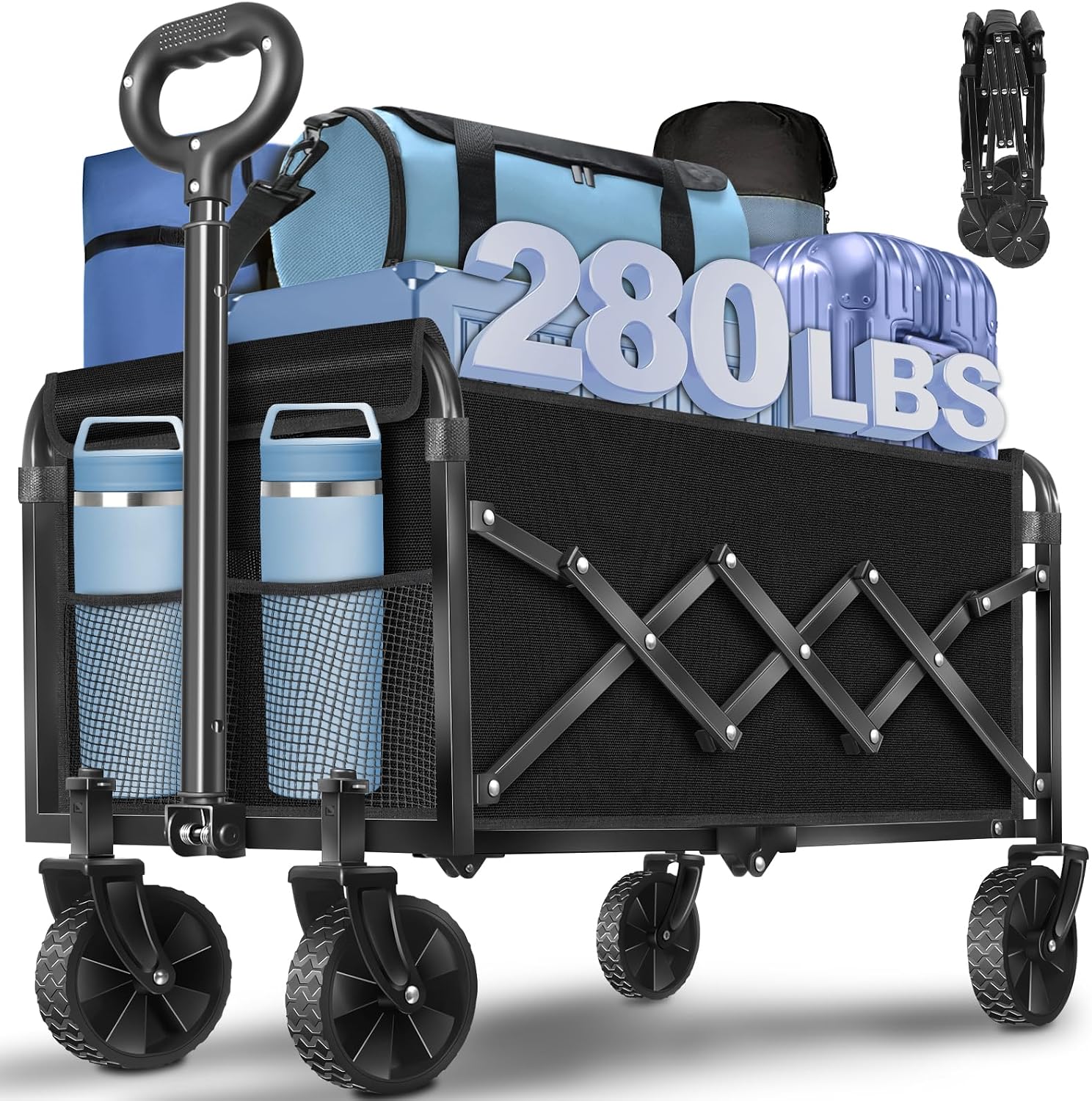 Detalle de TOKXTIK wagon cart Folding Utility Wagon, 280 lb Capacity, Adjustable Handle