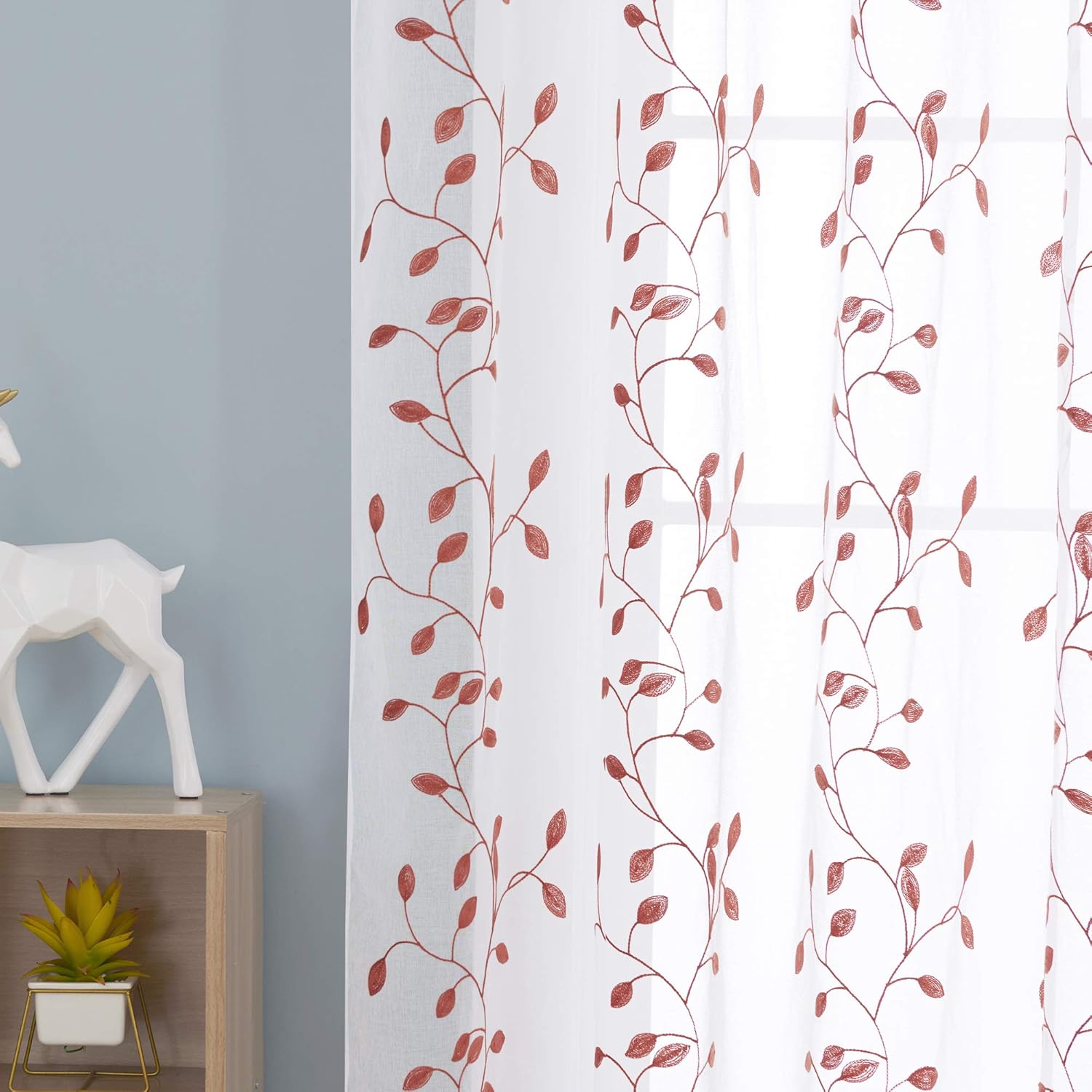 Thumbnail 2 de Deconovo lot de 2 voilages effet lin avec motif brodé orange 140×138 cm (œillets)