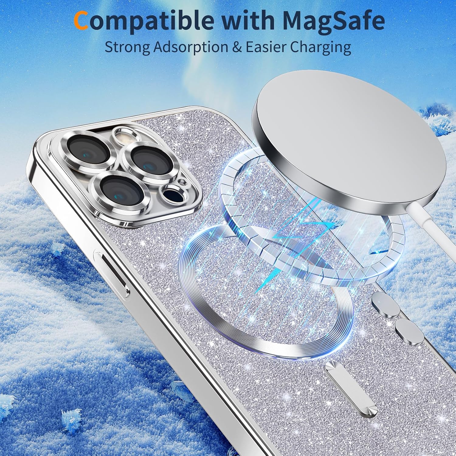 Detalle de Phoona Glitter Cover per iPhone 11 Pro 5,8" con Cordino: protezione glitterata, antiurto e compatibile MagSafe (Argento)