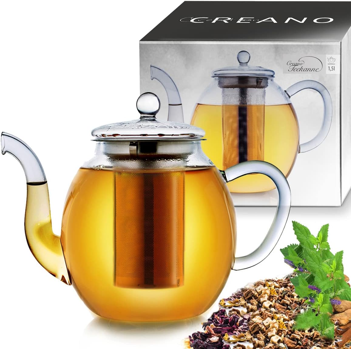Detalle de Creano 298 glazen theepot 1,5 liter met zeef, glazen deksel en druppelvrije schenktuit