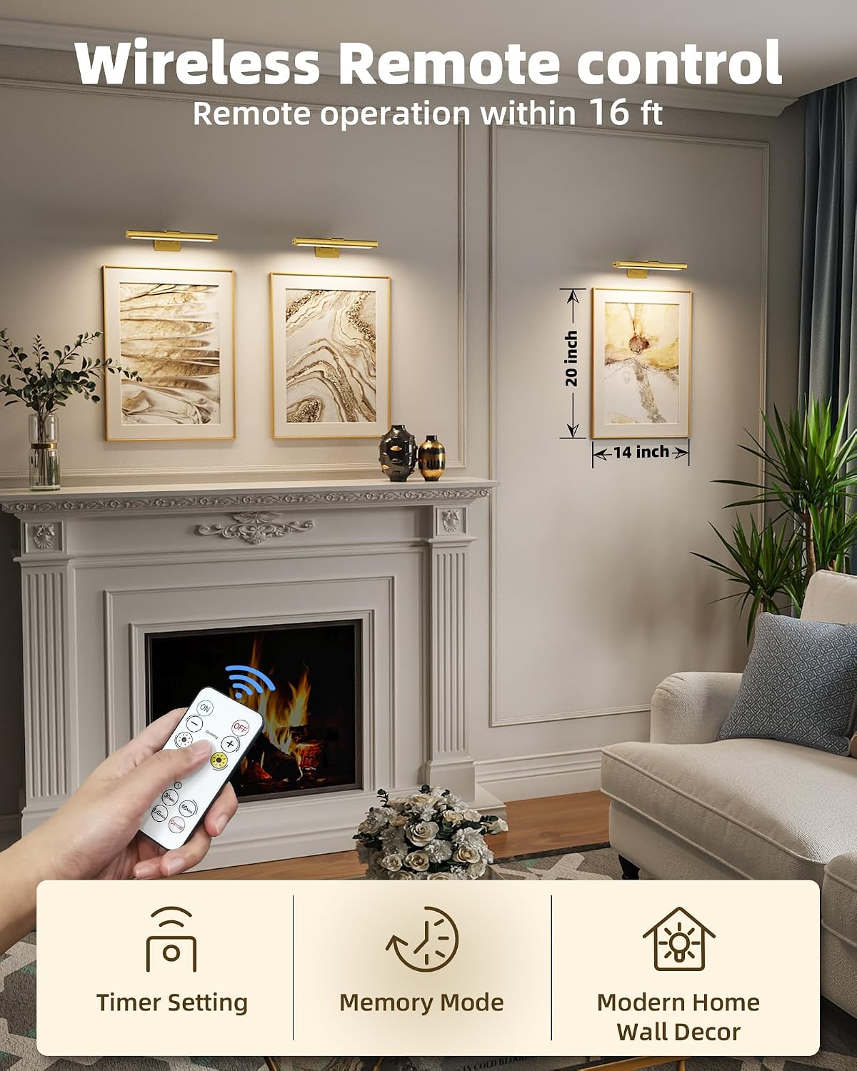 Detalle 2 de EZVALO PL01 Picture Lights, 3-Pack, 7.8-Inch Gold Rechargeable LED Wall Lights