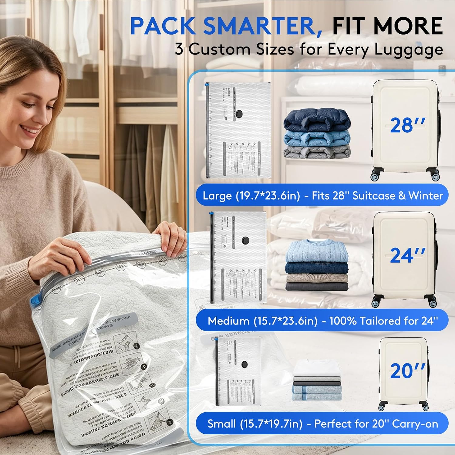 Detalle de 15-Pack Vacuum Travel Bags with Rechargeable Pump (3 Sizes) for Closet & Luggage Compression