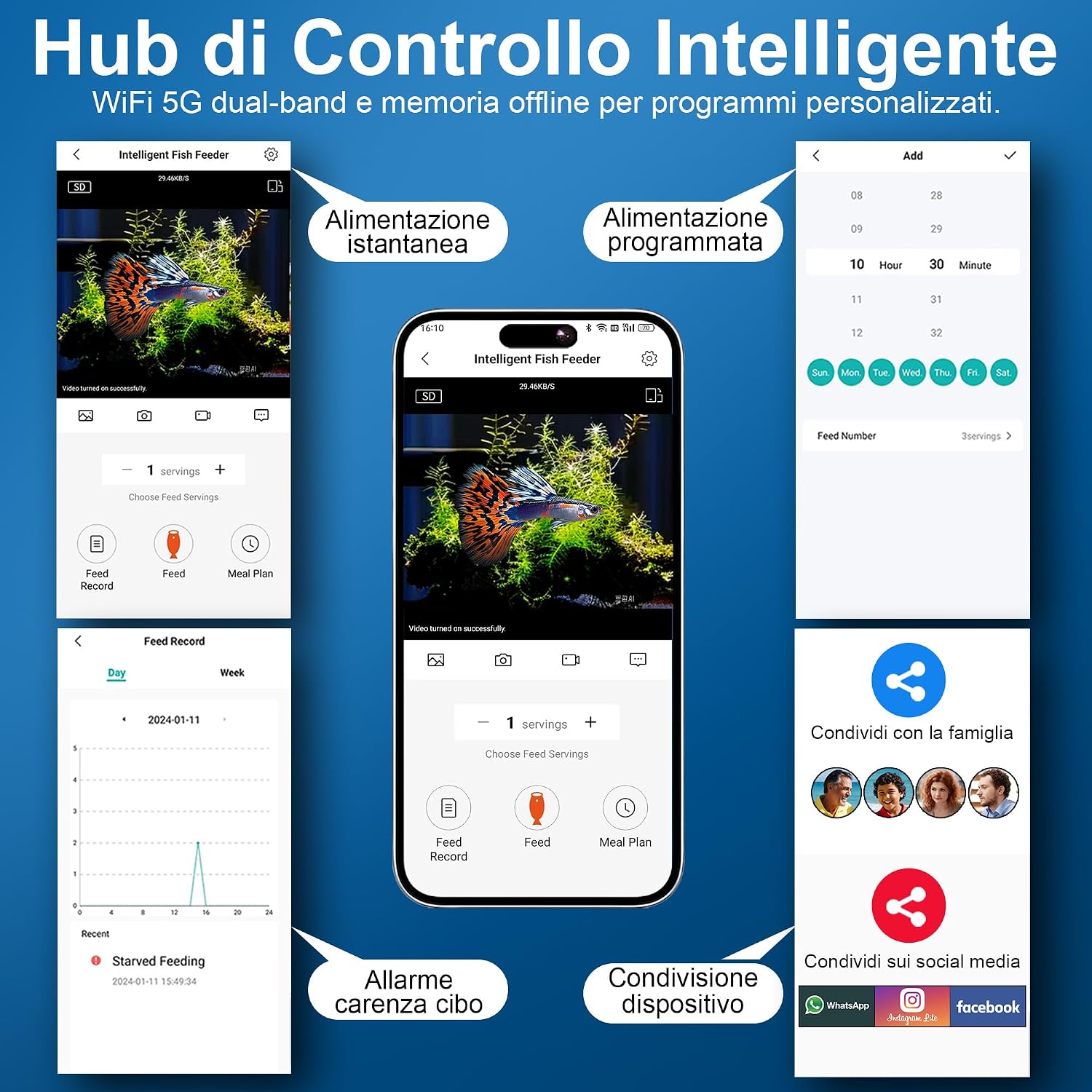 Detalle de YAMOSO Mangiatoia Pesci WiFi con Telecamera 2,5K HD — Sorveglianza 24/7, dosaggio 0,2 g e serbatoio 230 ml