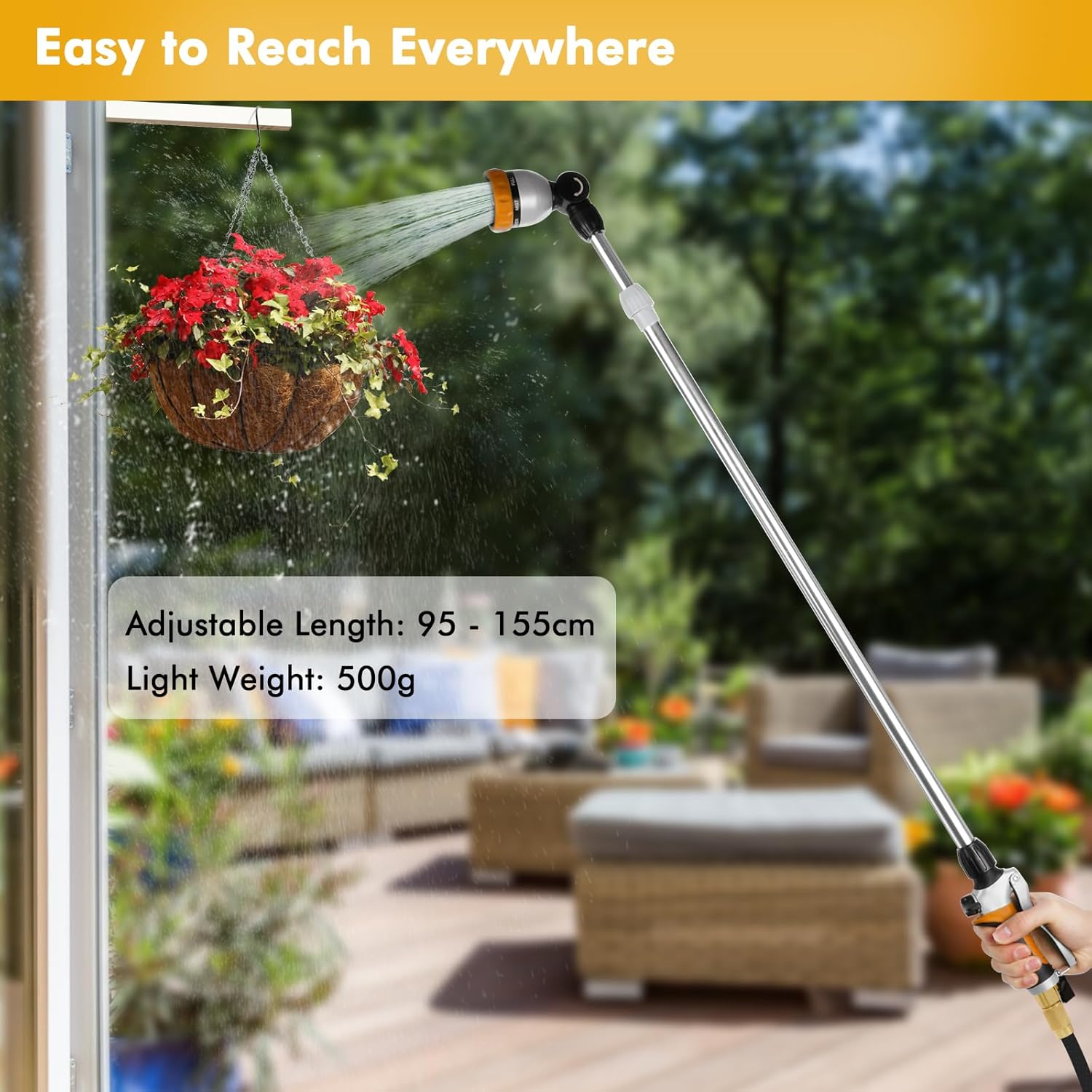 Thumbnail 4 de RESTMO 95–155cm metal telescopic watering wand with 180° adjustable head and 7 spray patterns