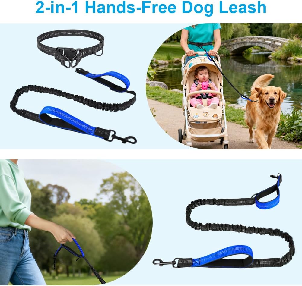 Detalle de OFFCUP Hands Free Dog Lead with Pouch (Dark Blue) – Adjustable Waist Belt, Dual Handles and Reflective Stitching