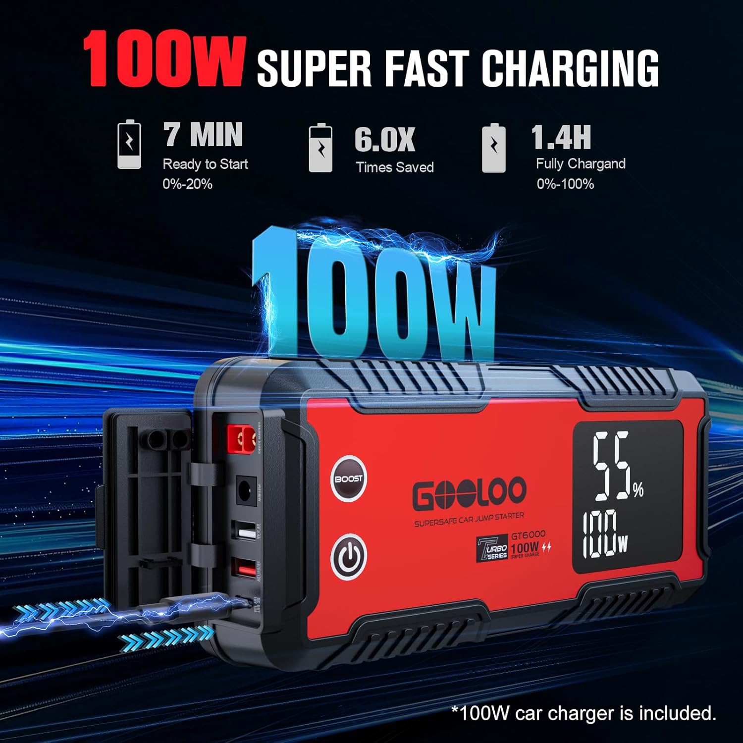 Detalle de GOOLOO GT6000 6000A Jump Starter (12V) with 100W USB-C fast charging, IP65 power supply box
