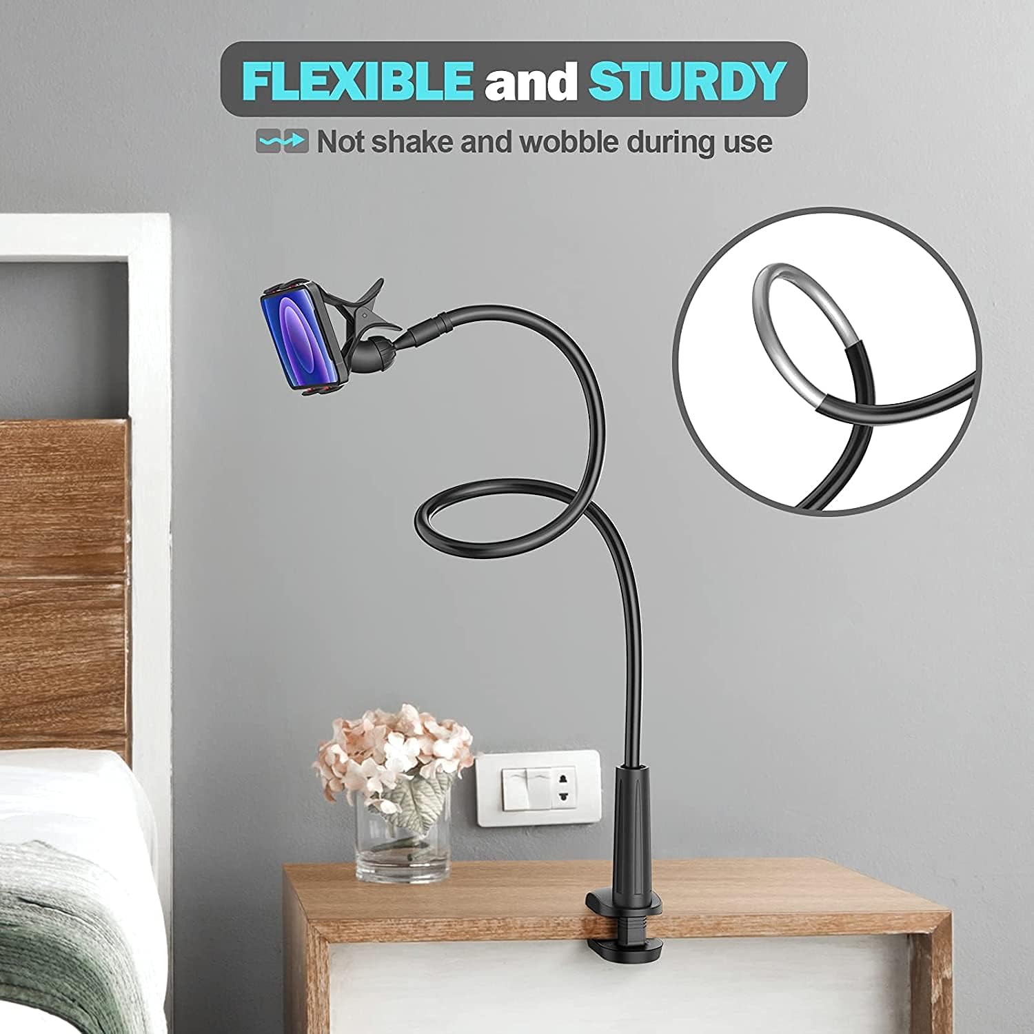 Detalle de Shawe Handy Halterung fürs Bett mit Schwanenhals – flexibel, stabil und kompatibel mit 4–6,5 Zoll Smartphones