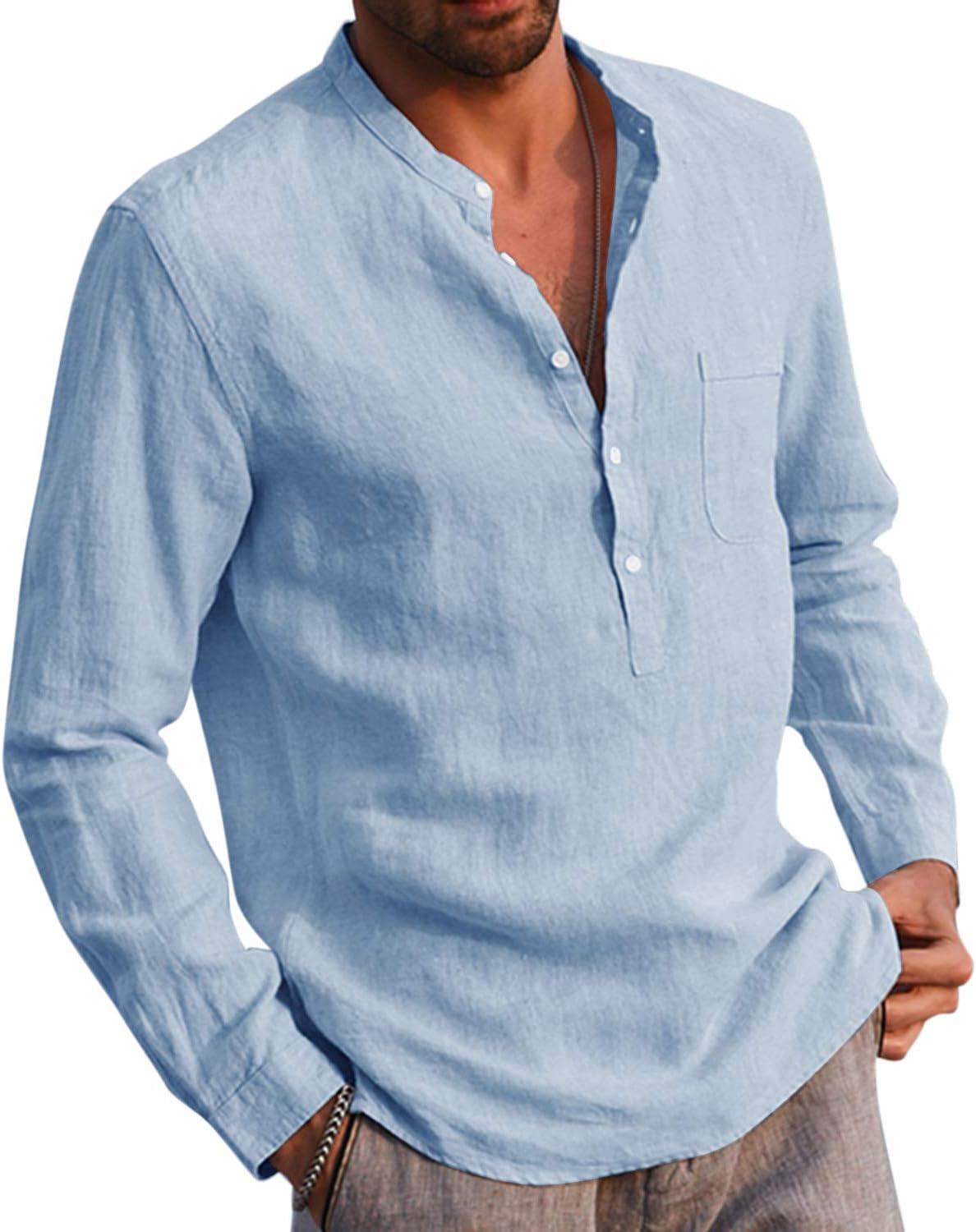 Detalle de AUDATE Herren Leinenhemd Regular Fit mit Knöpfen