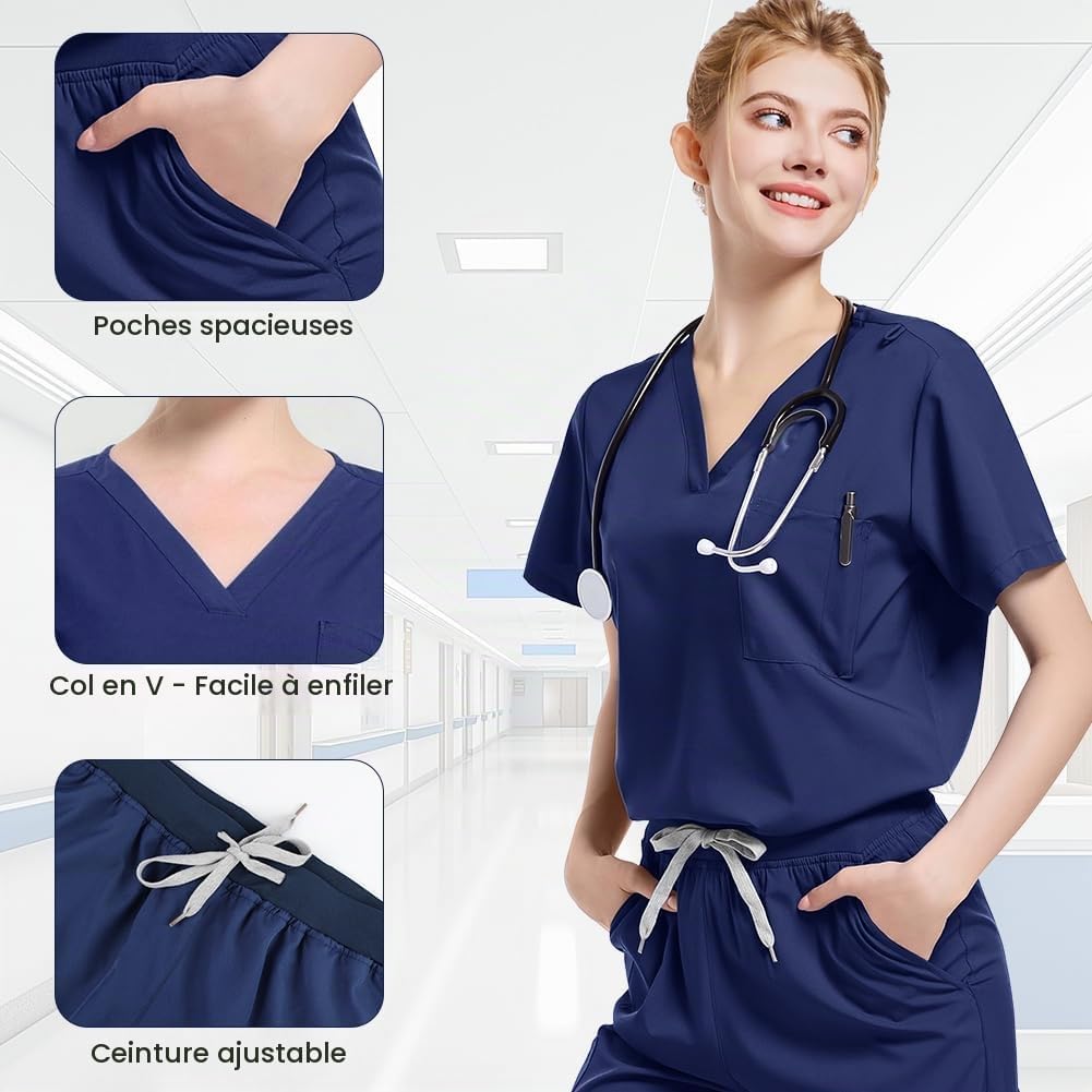 Detalle de BSBUY medisch uniform in marineblauw, stretchstof en broek met zakken