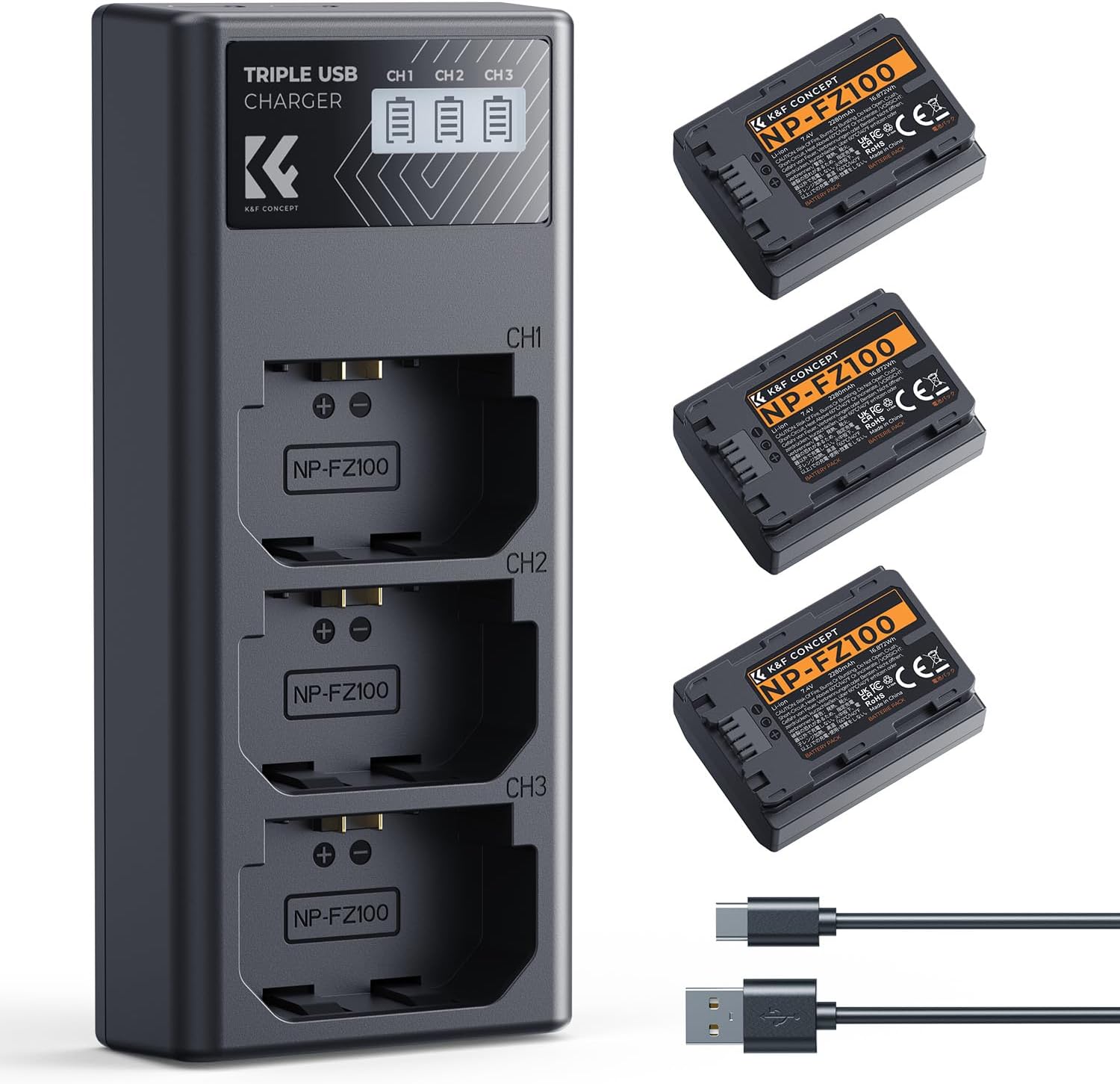 Detalle de K&F CONCEPT NP-FZ100 accu- en laderset met 3 accu’s en lcd-lader