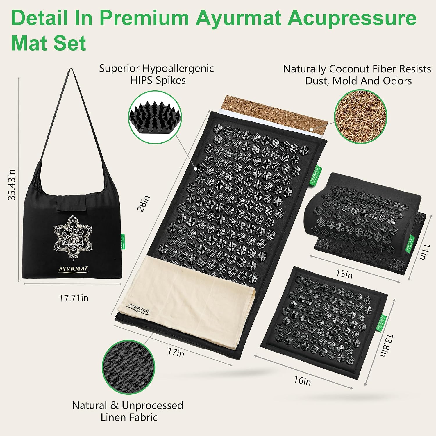 Detalle 1 de AyurMat AyurMat-DE Acupressure Mat and Pillow Set with Linen and Coconut Fibre