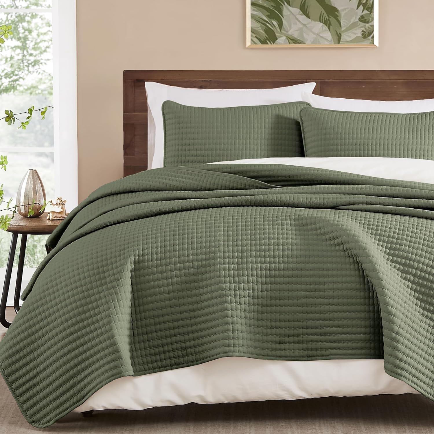 Detalle de WRENSONGE King Size Quilt 3-Piece Lightweight Bedding Set in Olive Green