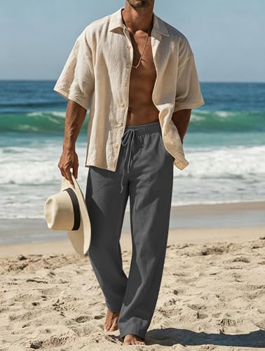 Detalle de Puimentiua Leinenhose Herren – Loose Fit, Dunkelgrau, Größe L