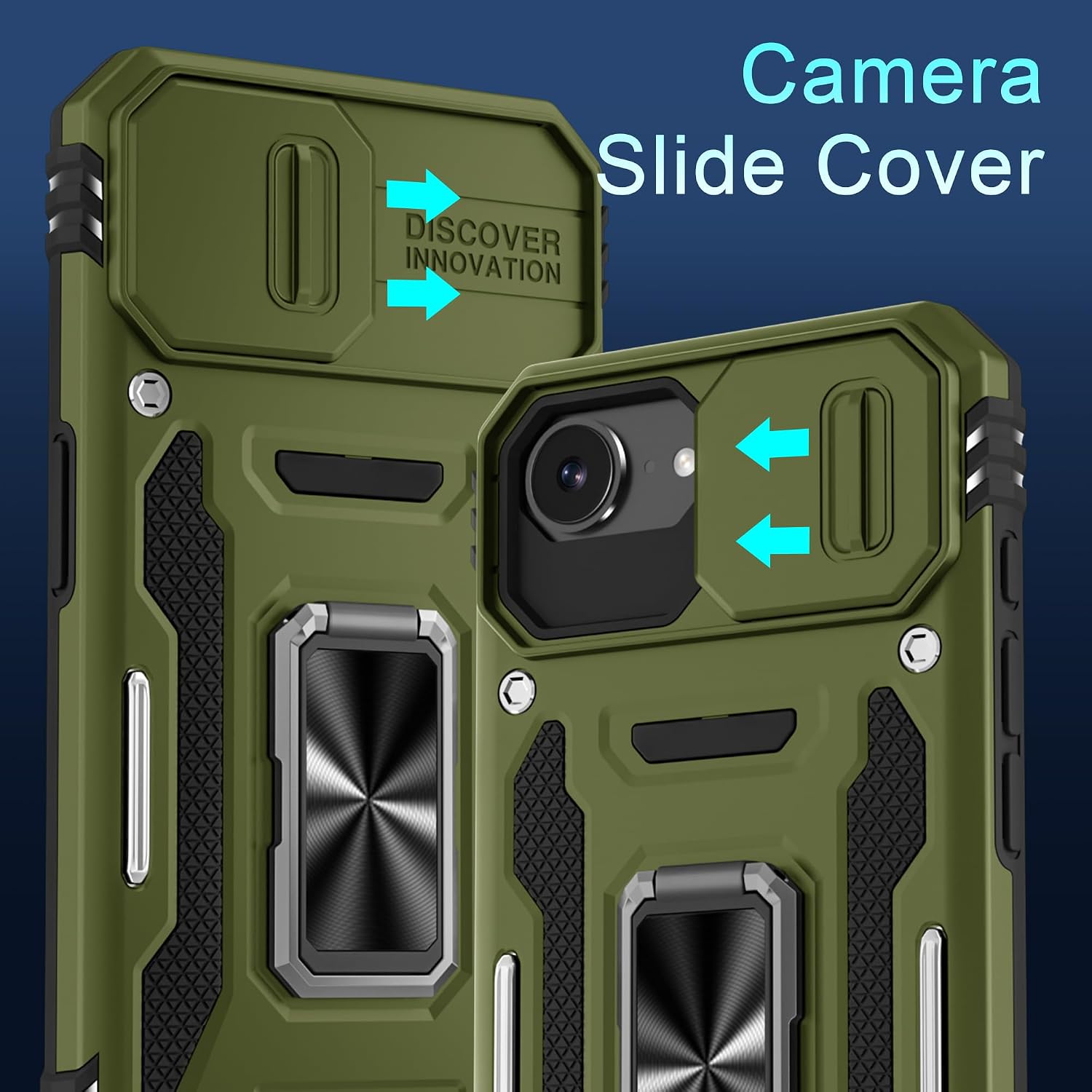 Detalle 2 de DEERLAMN Case for iPhone 17e / iPhone 16e 6.1-inch with Slide Camera Cover, Rotated Ring Kickstand (2-Pack Screen Protectors) - Olive Green