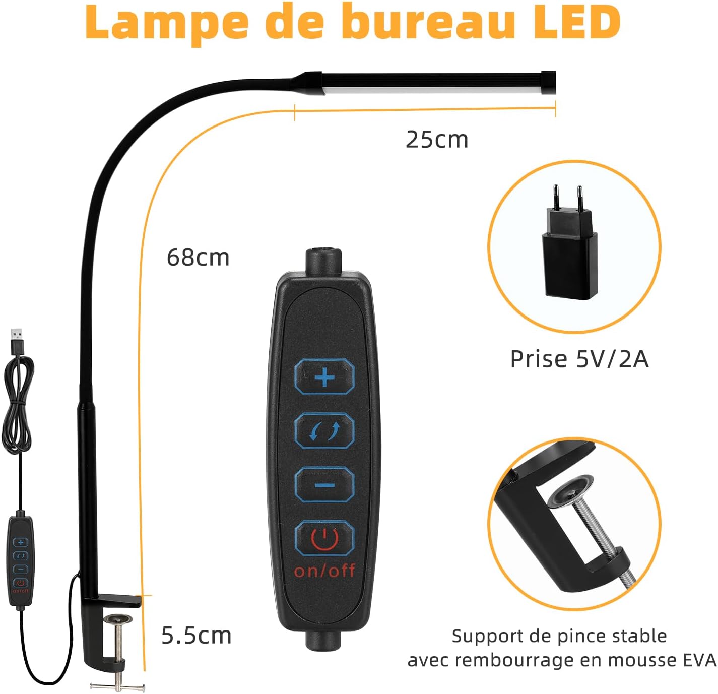 Detalle 2 de LIBORA YTDL-501 klembureaulamp met USB-C, zwanenhals en 3 lichtkleuren
