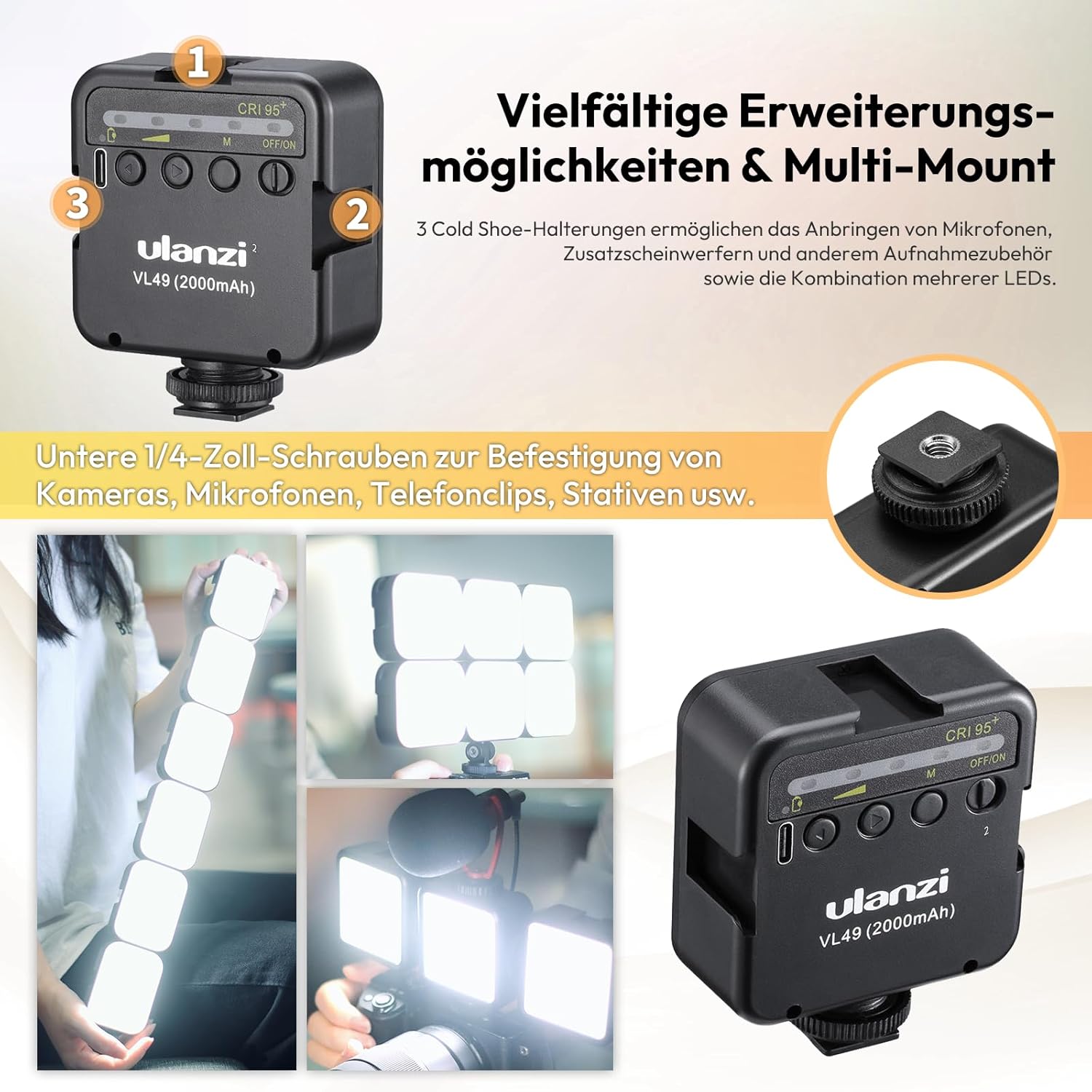 Thumbnail 2 de ULANZI VL49 Camera Light: 5500K dimmbare LED-Videoleuchte mit 2000mAh Akku