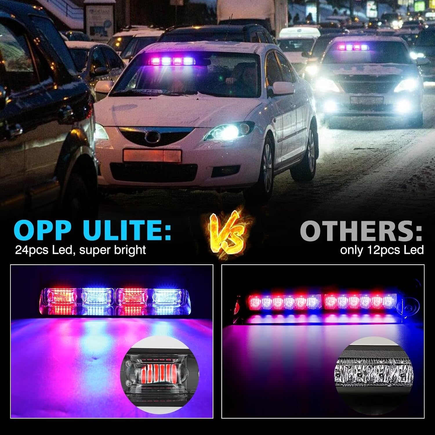 Detalle de OPP ULITE Emergency Flashing Dash Strobe Lights for Vehicles (Red/Blue, 24 LEDs, 26 Modes, Memory) with Suction Cups