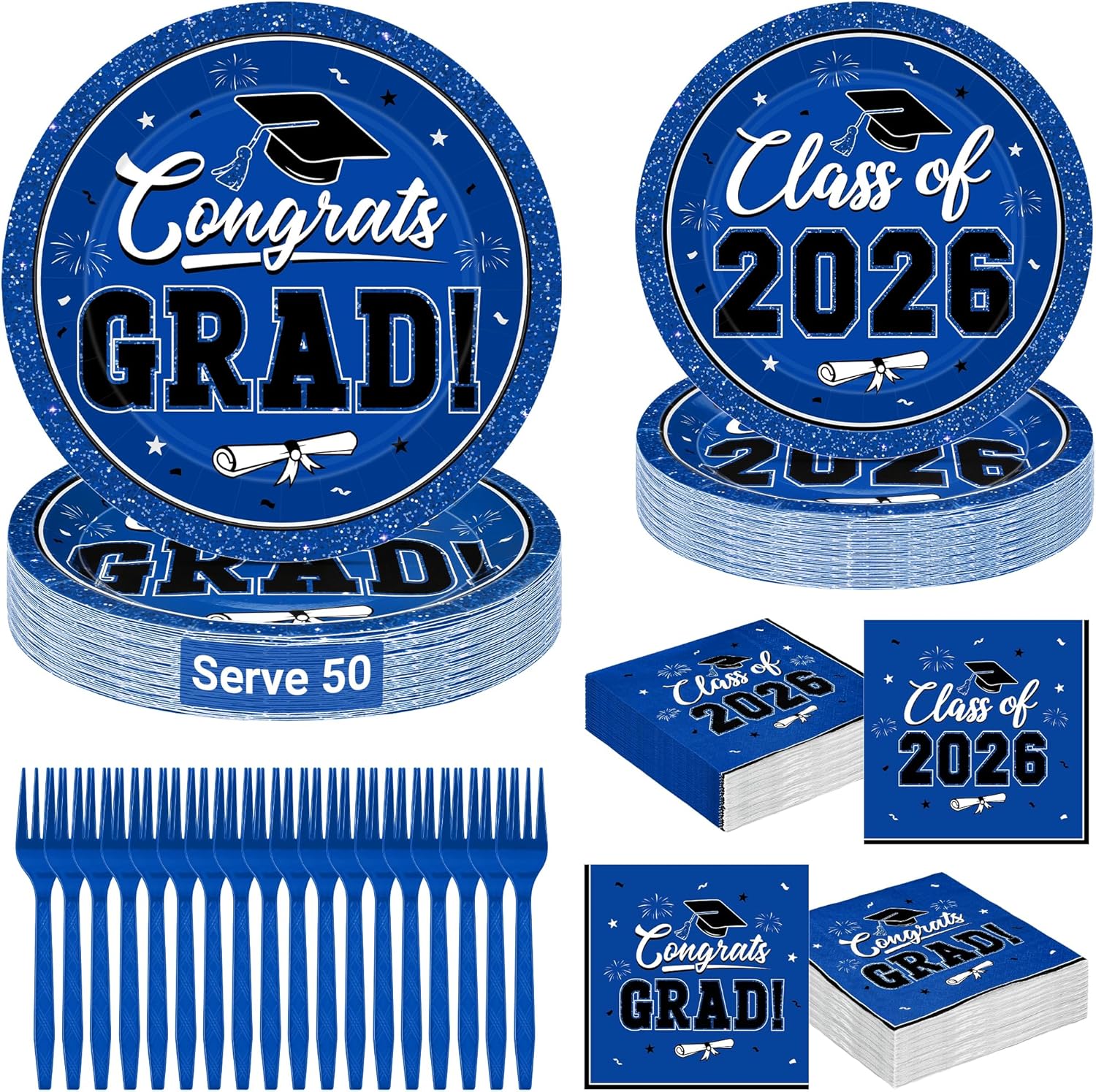 Detalle de 200-Piece 2026 Graduation Decorations Set (Blue Plates, Napkins & Forks) for 50 Guests