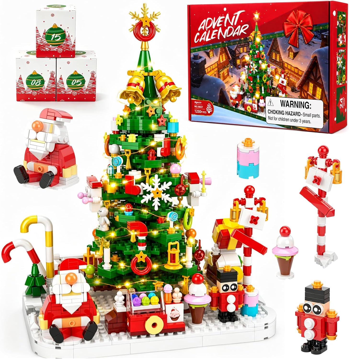 Detalle de MYDOVA ZZ-AC112 adventskalender met kerstboom-bouwset en LED-lichtslinger