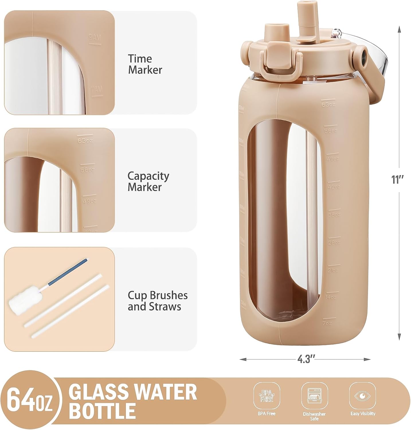 Thumbnail 4 de BLUEGO 2L Gourd en verre avec paille et manchon en silicone — bouteille d'eau 2 litres pour sport et quotidien