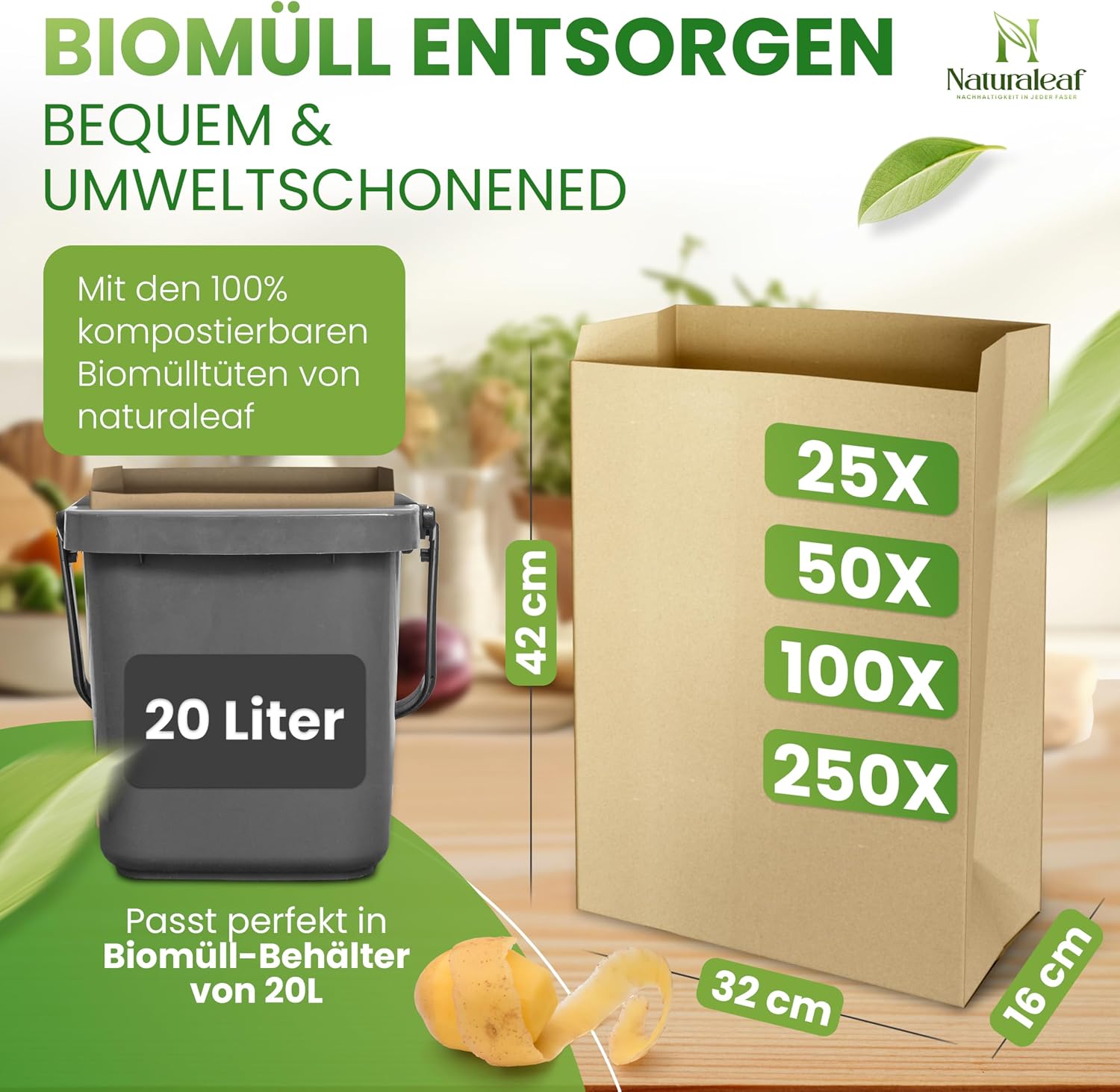 Detalle 2 de NATURALEAF Biomüllbeutel 20L – 50 Stück: Kompostierbare, plastikfreie Bio Müllbeutel für Gastronomie & Haushalt