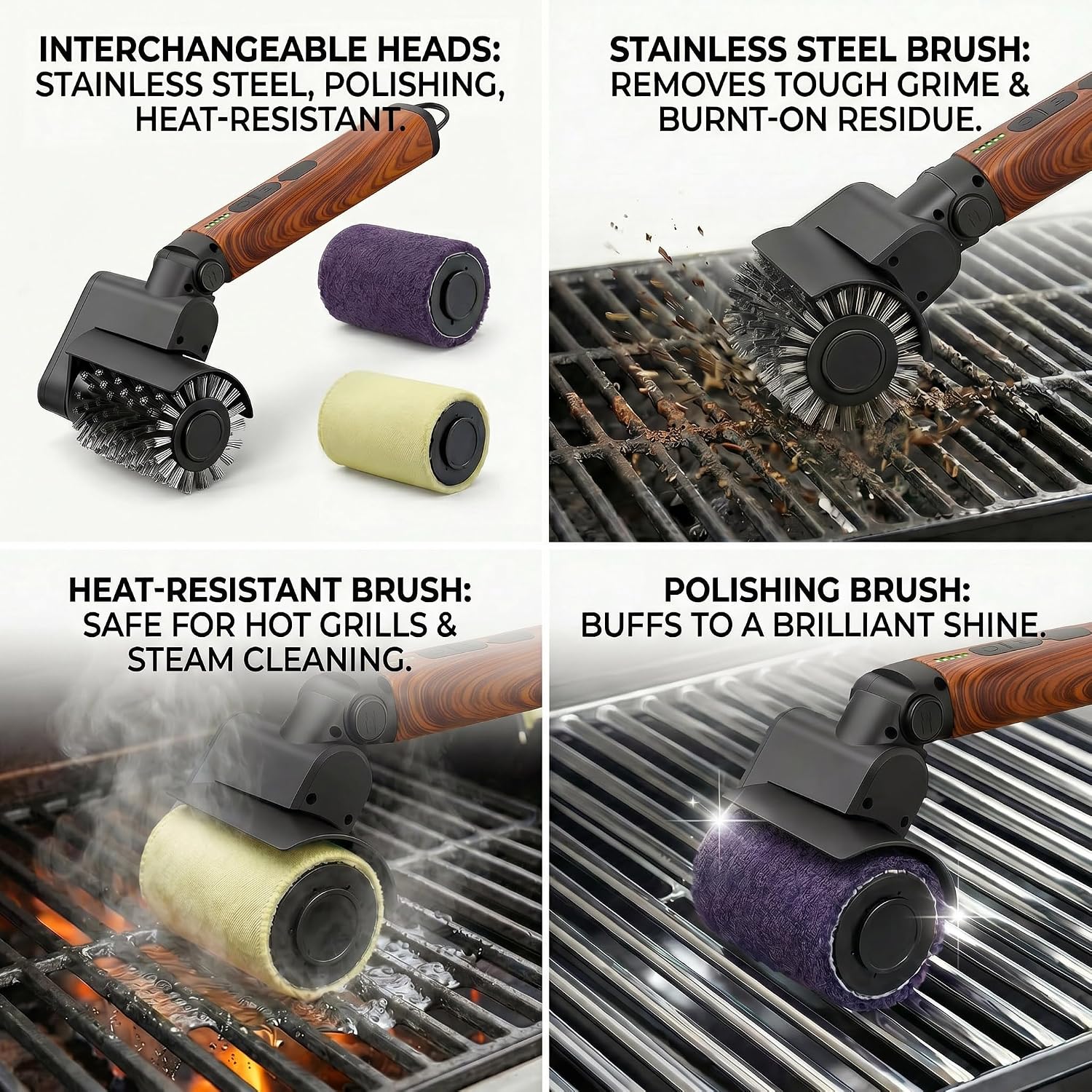Detalle de Set de brosse de barbecue électrique 3 en 1 (Revêtement en bois rouge) sans fil - QBBQAAQTT