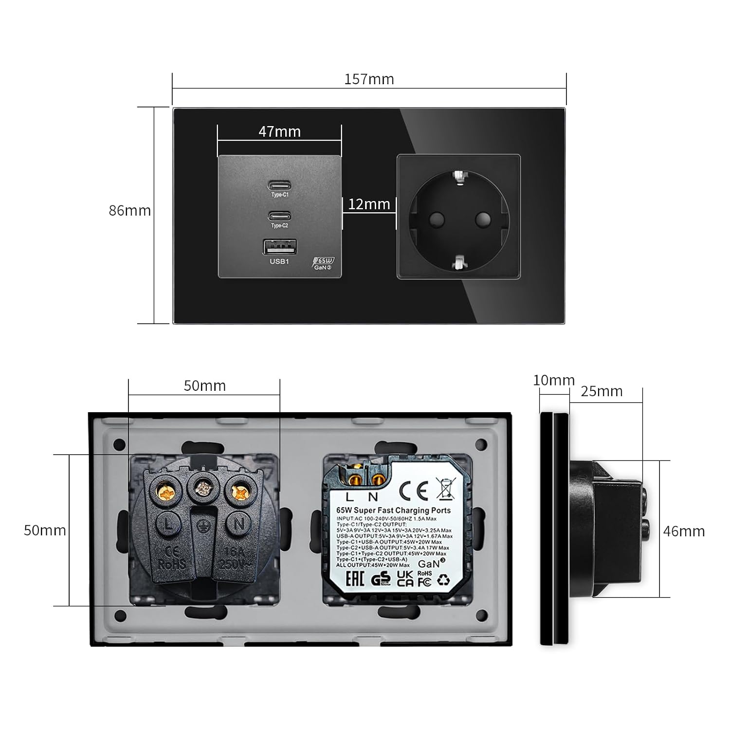 Detalle 2 de LIAONFOY Schuko Einzelsteckdose mit Super Fast Charging (3 Ports, 65 W, Glasrahmen) – 100–240 V