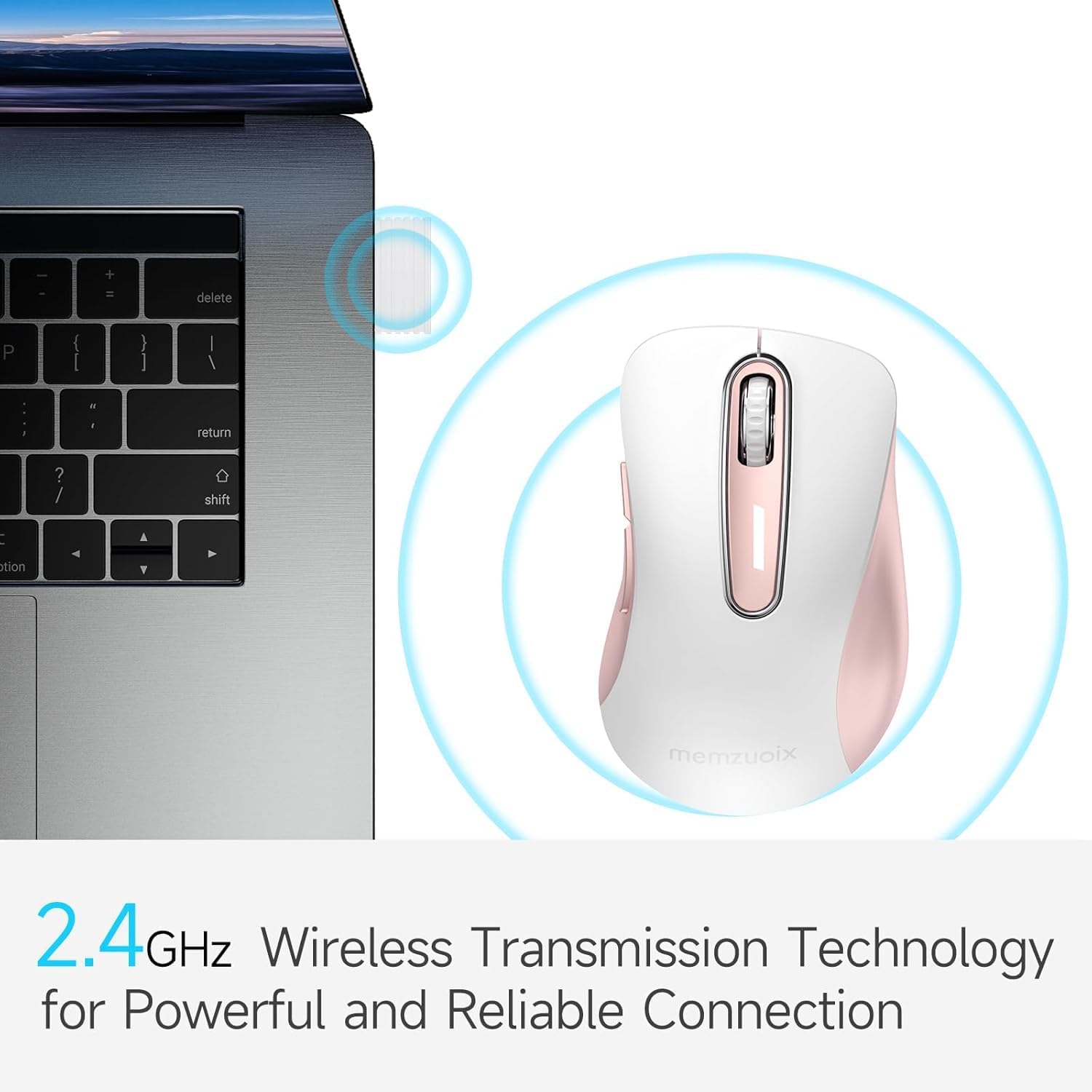 Detalle 2 de Memzuoix 2.4G Wireless Mouse (1400 DPI) – 5 Buttons, Portable Optical Cordless with USB Receiver (White Pink)