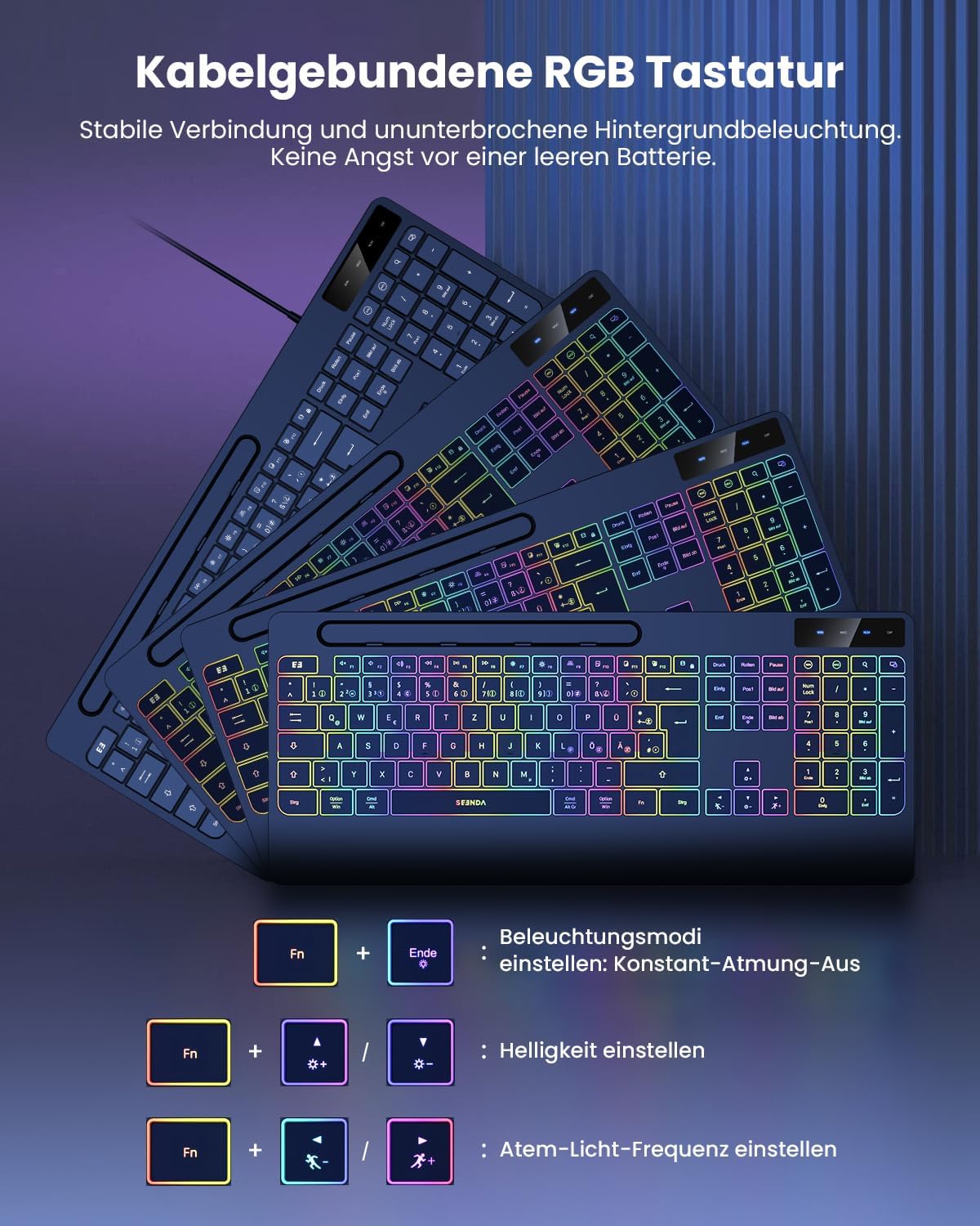 Thumbnail 1 de seenda KOE200 kabelgebundene beleuchtete Tastatur mit USB-A- & USB-C, ergonomisch mit Handgelenkauflage