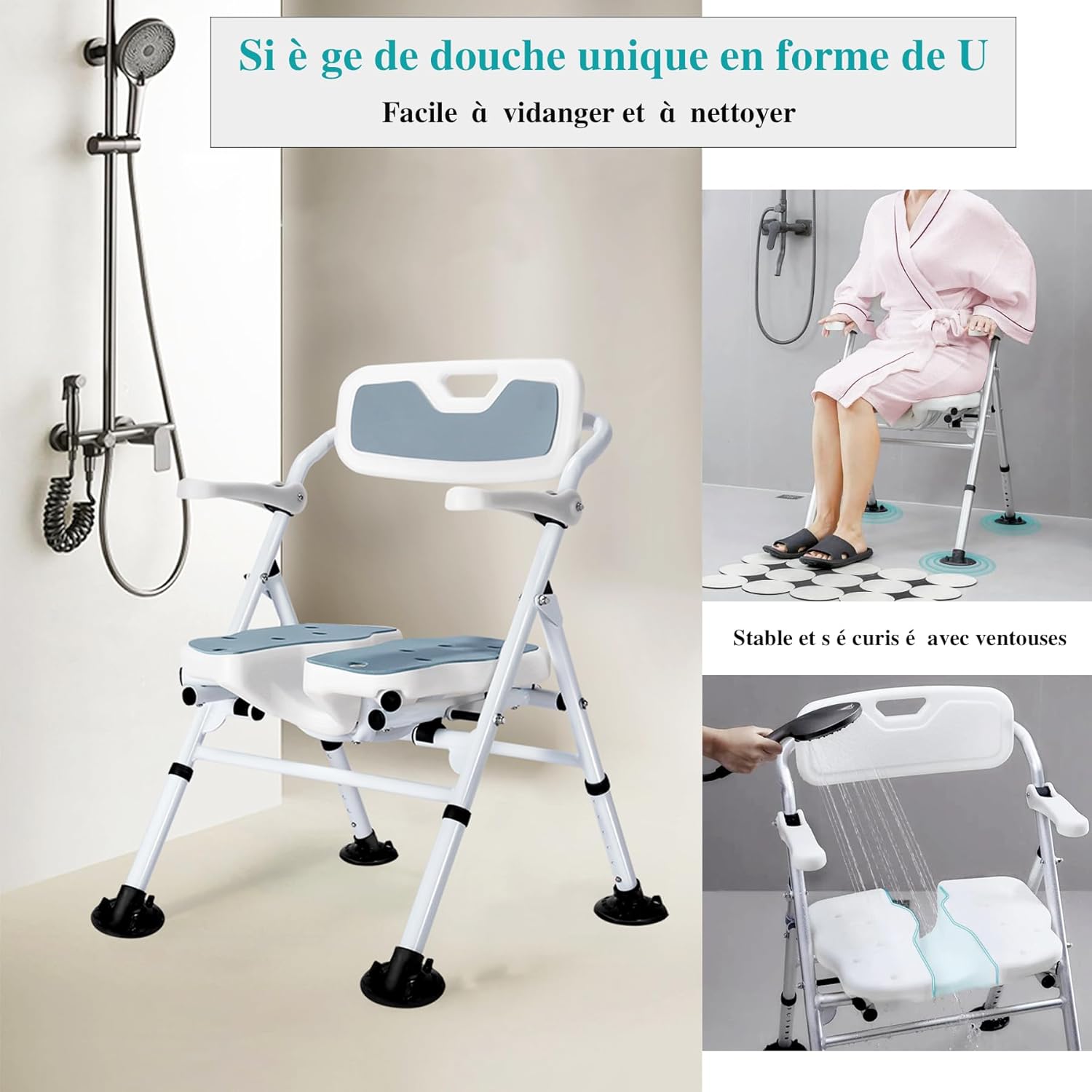 Detalle de Chaise de douche pliable antidérapante pour seniors (tabouret de douche réglable en hauteur)