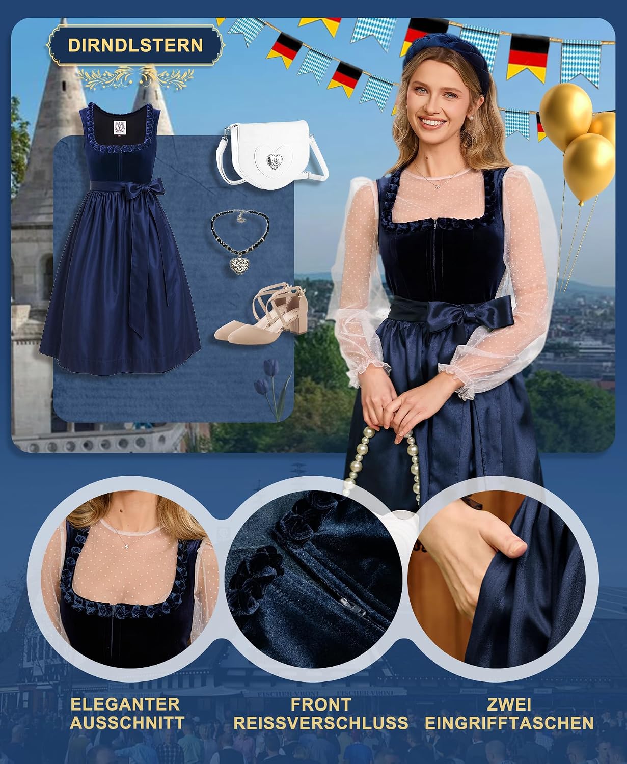 Thumbnail 2 de DIRNDLSTERN Damen Blau Samt – Dirndlkleid Midi 70 cm mit Reißverschluss