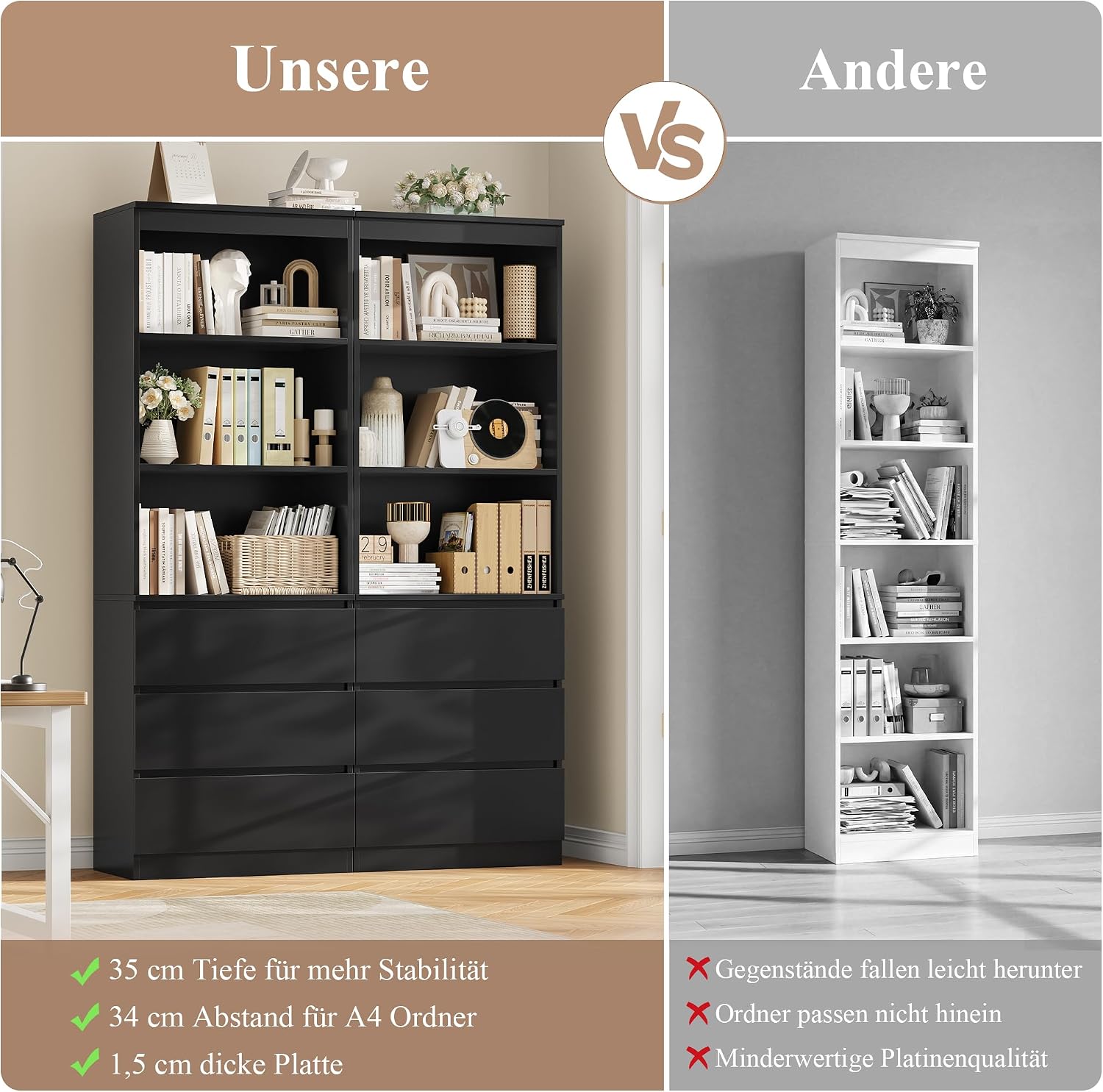 Thumbnail 6 de FirFurd P781 Tall Bookcase, 180 cm, with 3 Drawers and Open Shelves