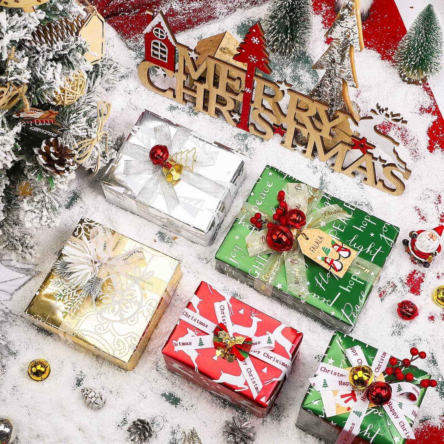 Detalle 2 de WRAPAHOLIC Christmas Wrapping Paper, 4 Foil-Accent Rolls, Red, Green, Gold and Silver
