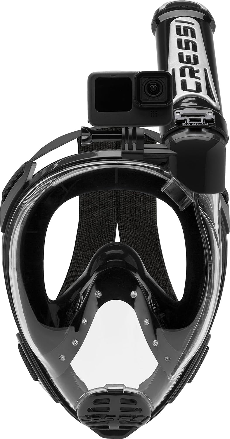 Detalle de Cressi Duke Action helmask för snorkling, S/M, härdat dubbelglas och kamerafäste