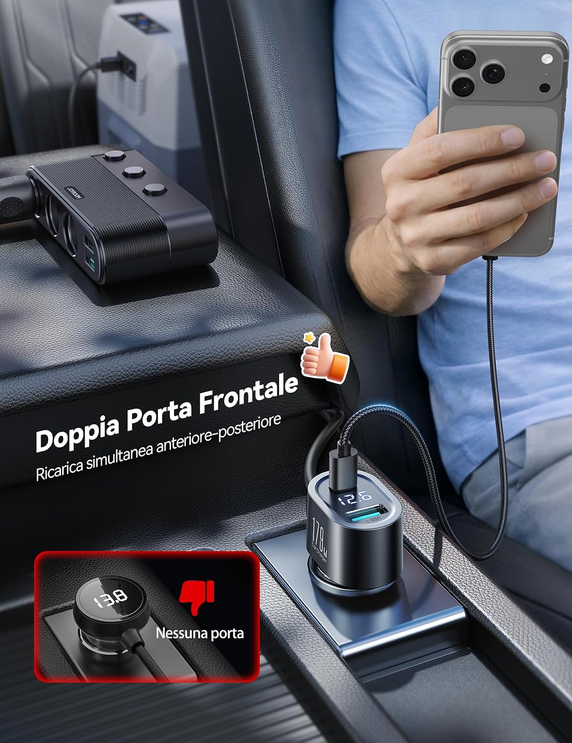 Detalle de JOYROOM 179W sdoppiatore accendisigari auto 7 in 1 con USB-C PD 30W e indicatore LED