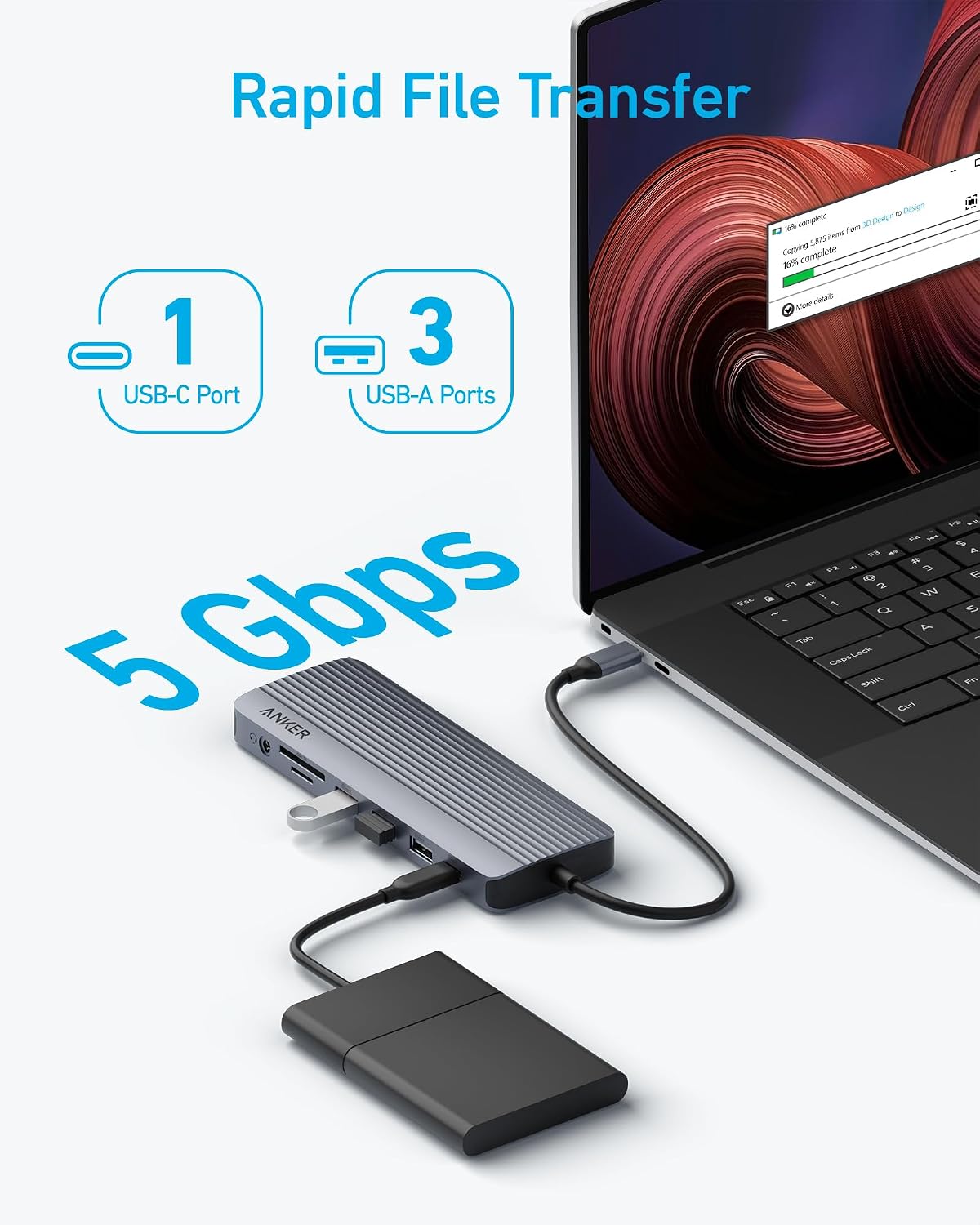 Detalle de Anker USB-C Hub 14-in-1 Triple Display med HDMI, VGA och 80 W laddning