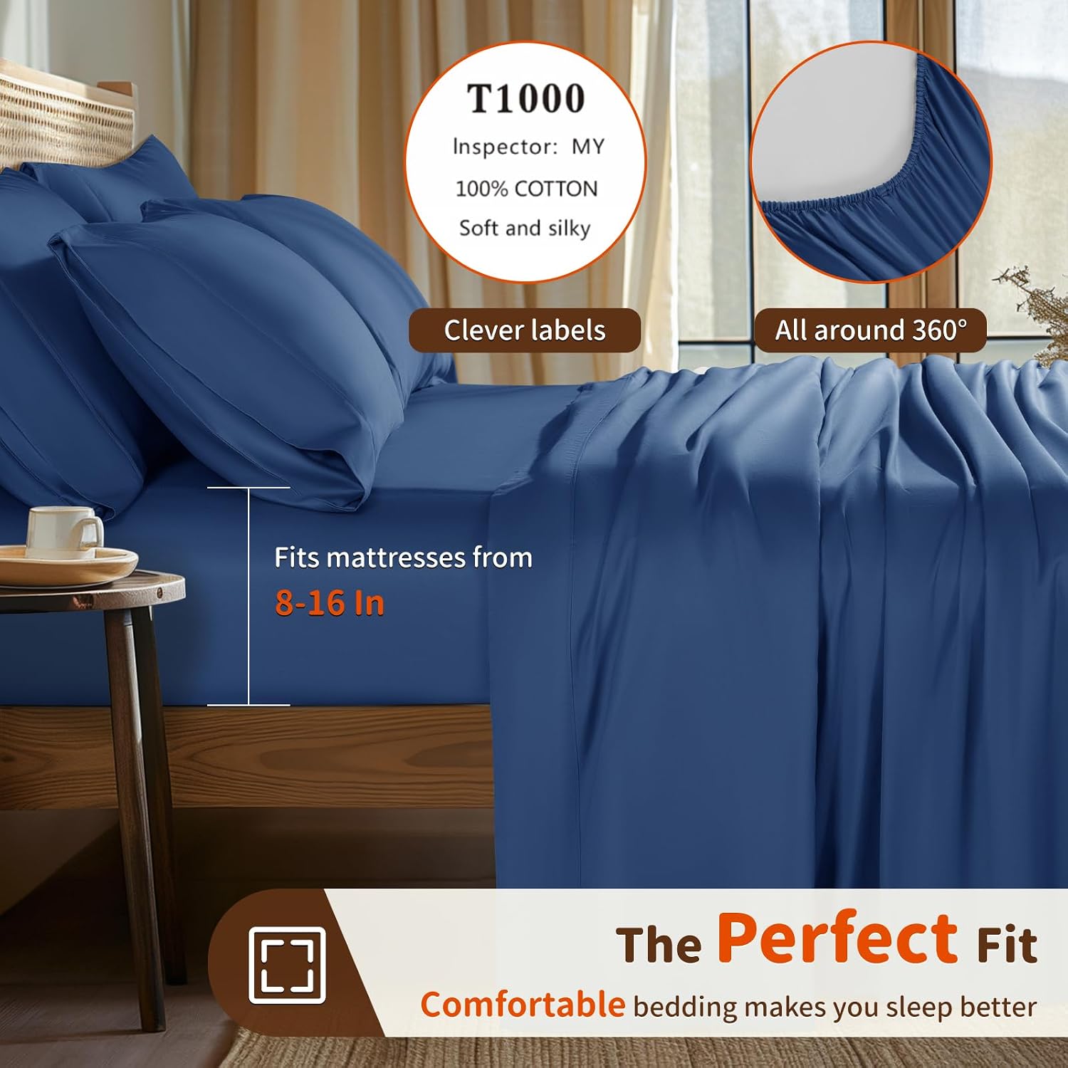 Thumbnail 2 de LBRO2M 1000 Thread Count Egyptian Cotton Sheets Set — California King Navy Blue (6-Piece)