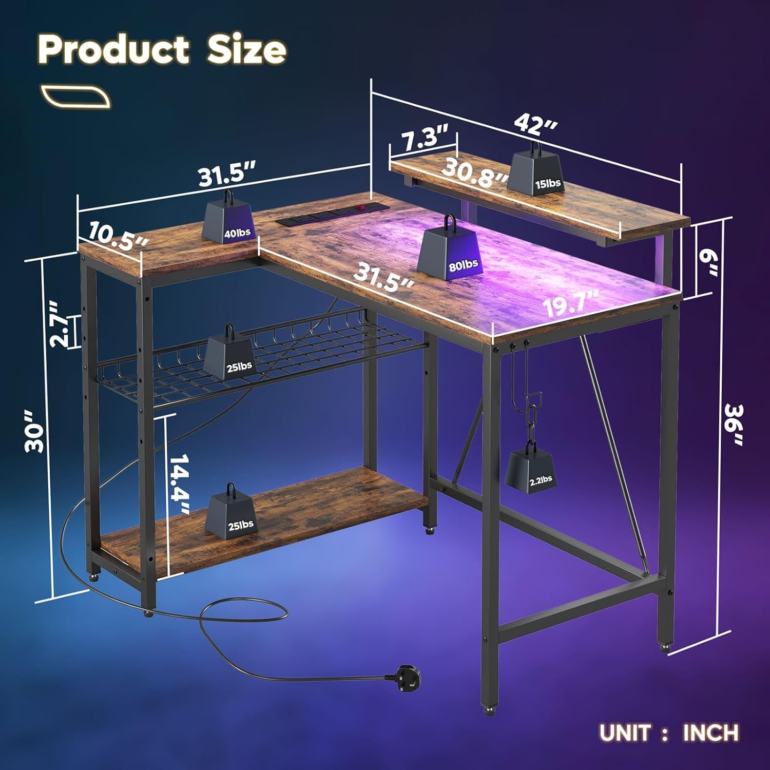 Detalle de Bestier L-shaped desk 106.5cm with USB