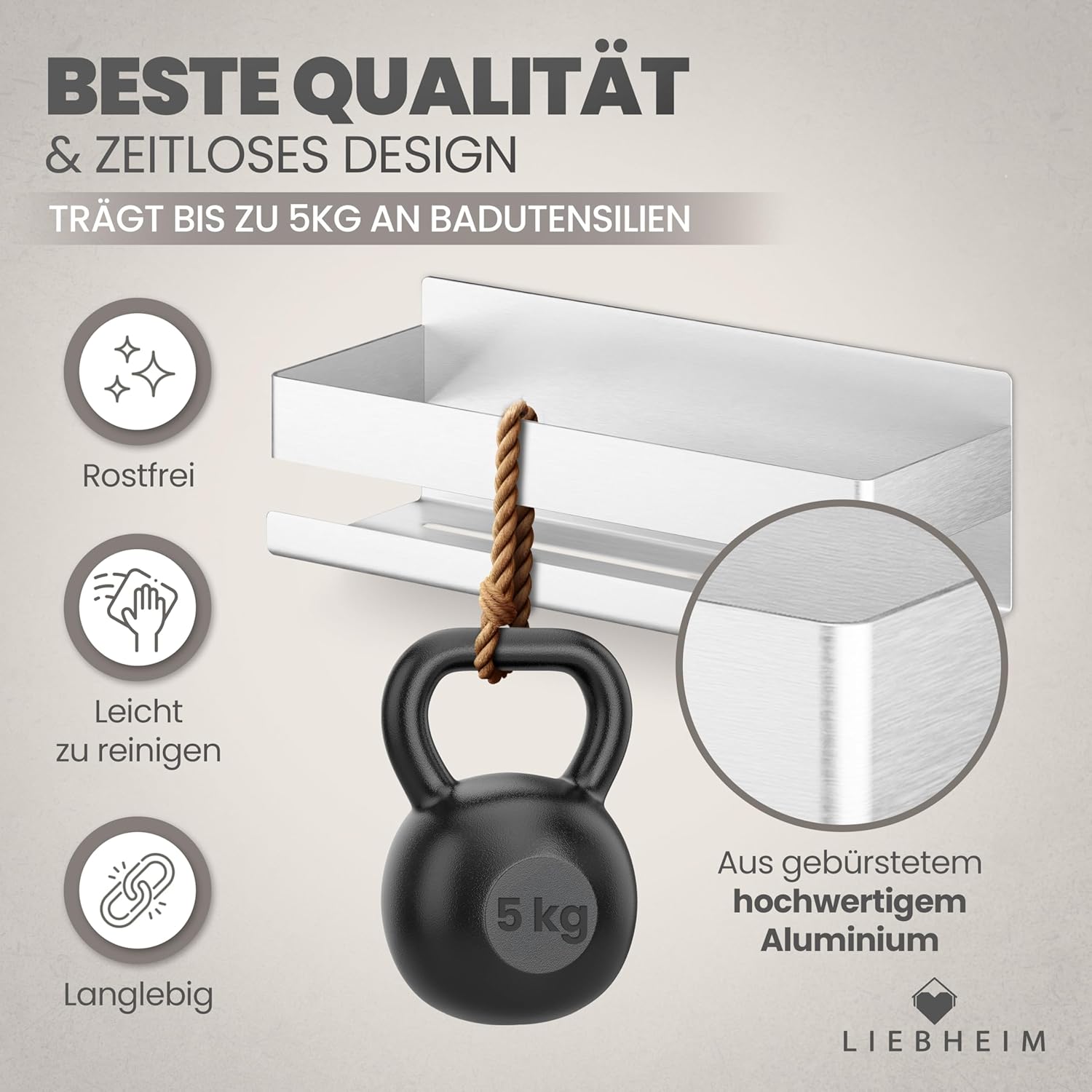 Thumbnail 2 de LIEBHEIM Duschablage ohne Bohren (Badregal/Duschregal) silber gebürstet – Organizer für Dusche