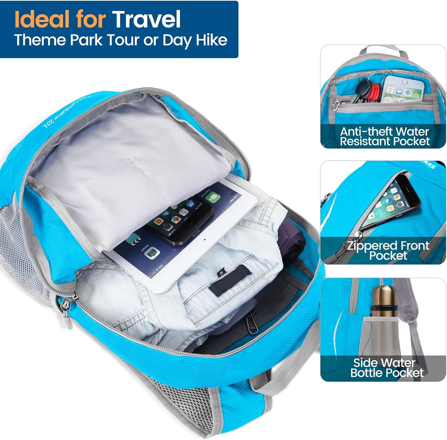 Detalle de ZOMAKE Sac à dos pliable ultra léger 25L (packable) pour randonnée, sport et voyages