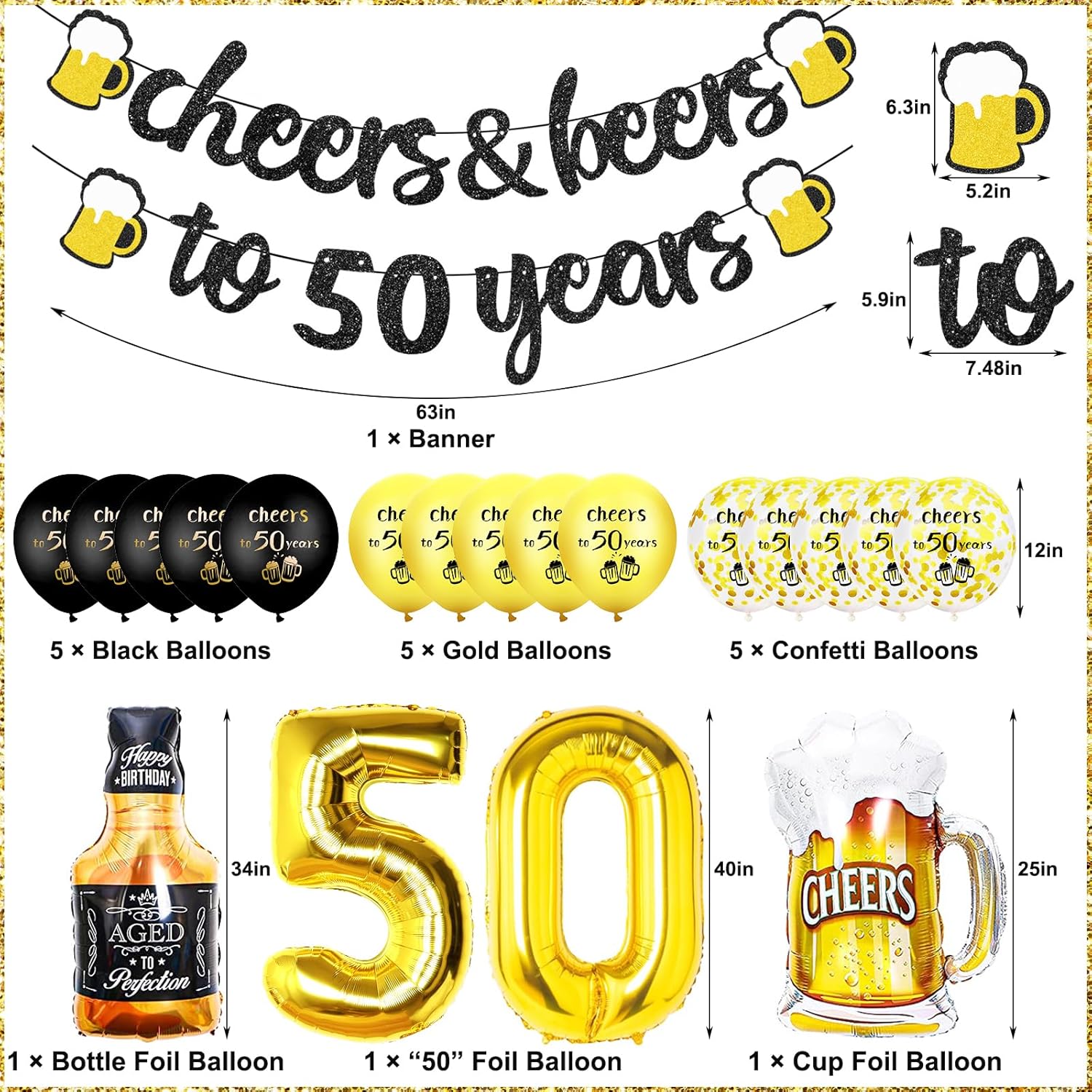 Thumbnail 1 de 50th Birthday Decorations set with “Cheers to 50 years” banner and foil number 50 balloons