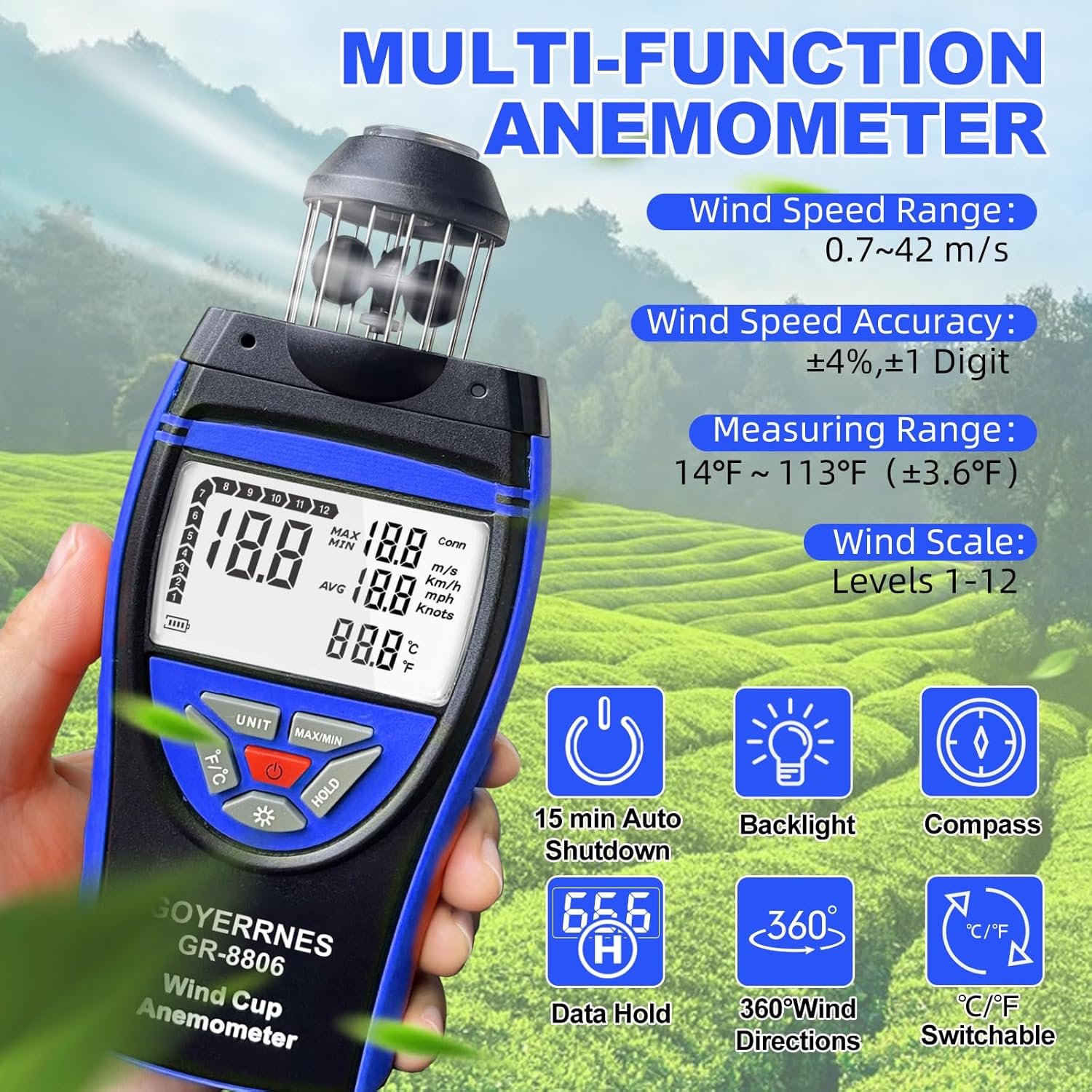 Detalle de Anemometer Windmesser GR-8806 – Handheld, präzise Wind- und Temperaturmessung mit LCD und Stativanschluss